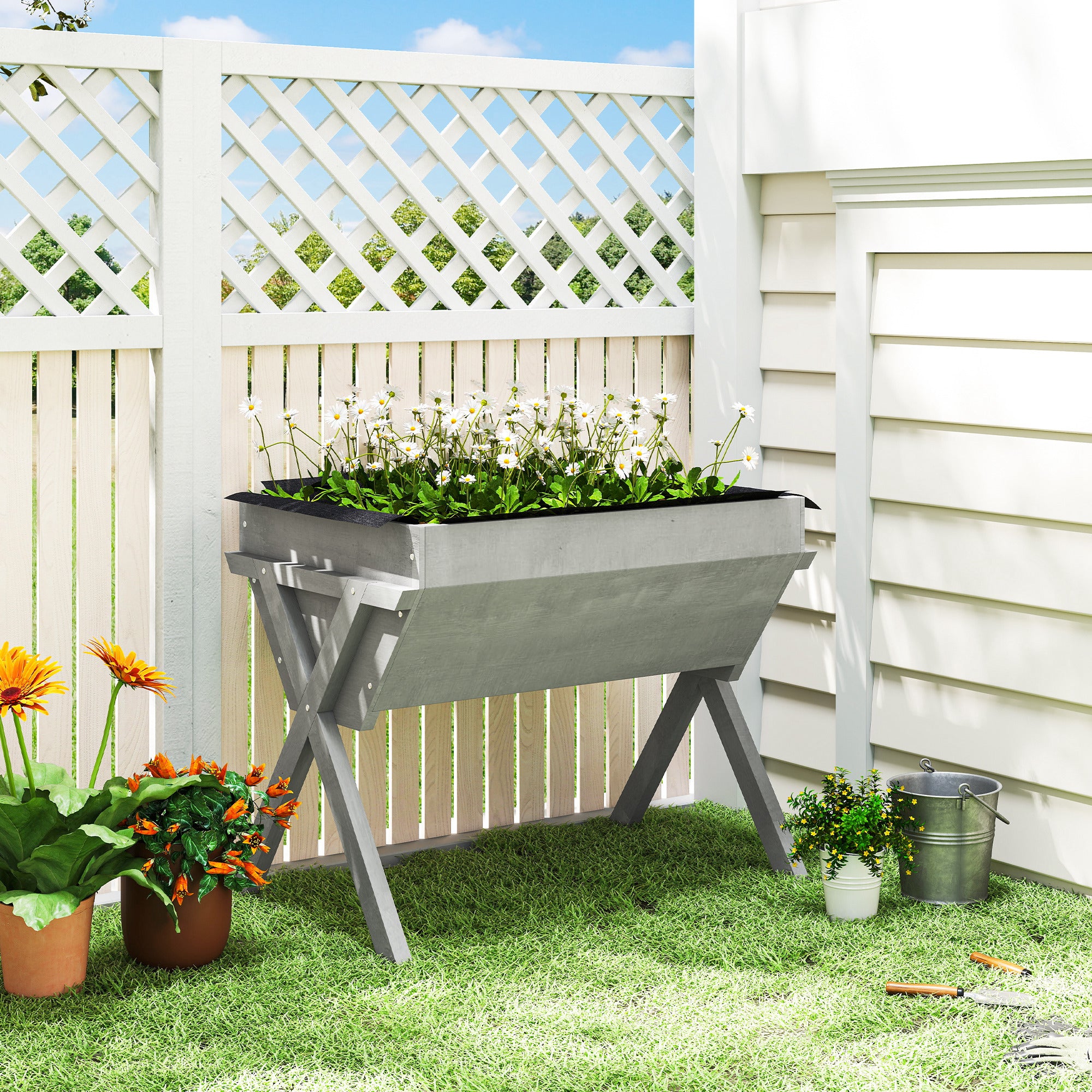 Outsunny Wooden Raised Garden Bed with Bed Liner, Elevated Planter Box with Legs, Light Grey - anydaydirect