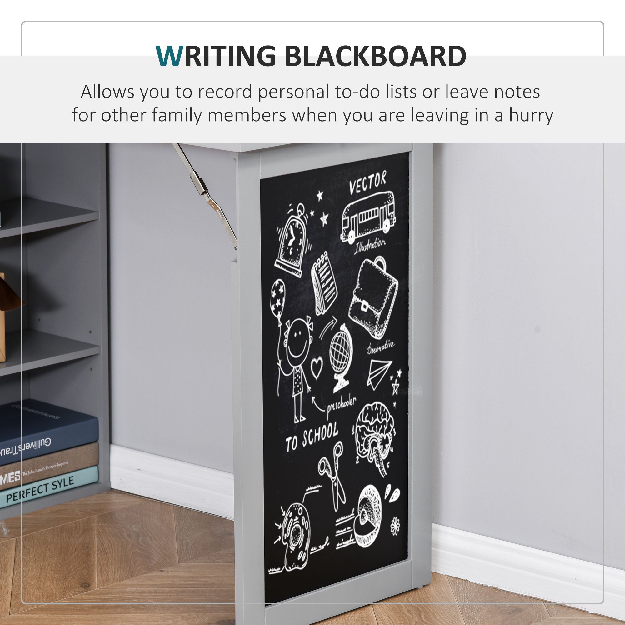 HOMCOM Folding Convertible Desk with Blackboard Multi-function Computer Office Workstation Side Shelf for Home Office, Grey - anydaydirect