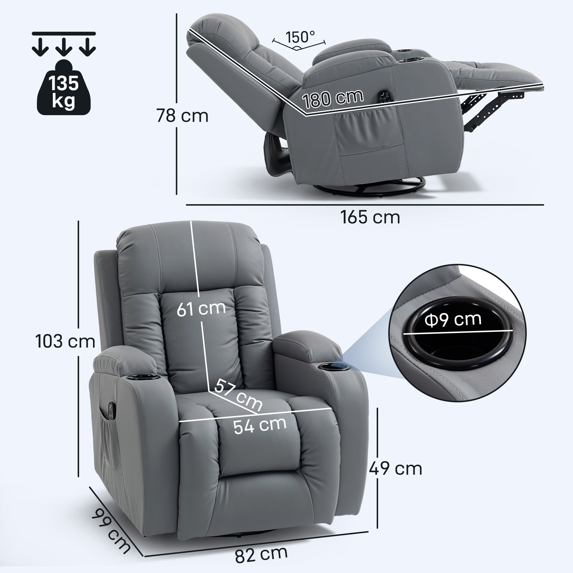 HOMCOM Massage Recliner Armchair, PU Leather Recliner Chair, Grey - anydaydirect