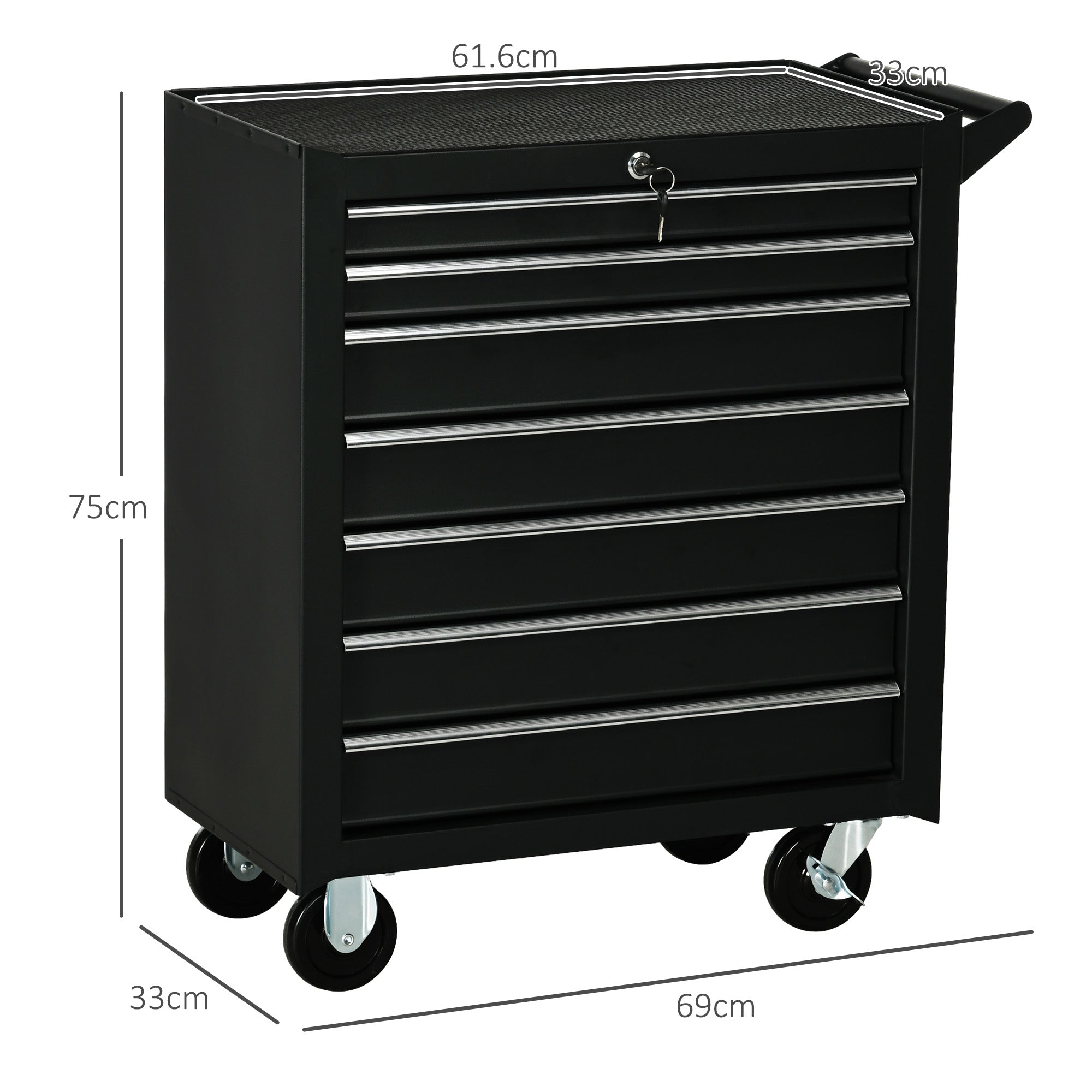 DURHAND 7-Drawer Rolling Tool Chest on Wheels, Lockable Tool Cabinet with Side Handle, Metal Tool Box Trolley for Garage, Workshop, Matte Black - anydaydirect