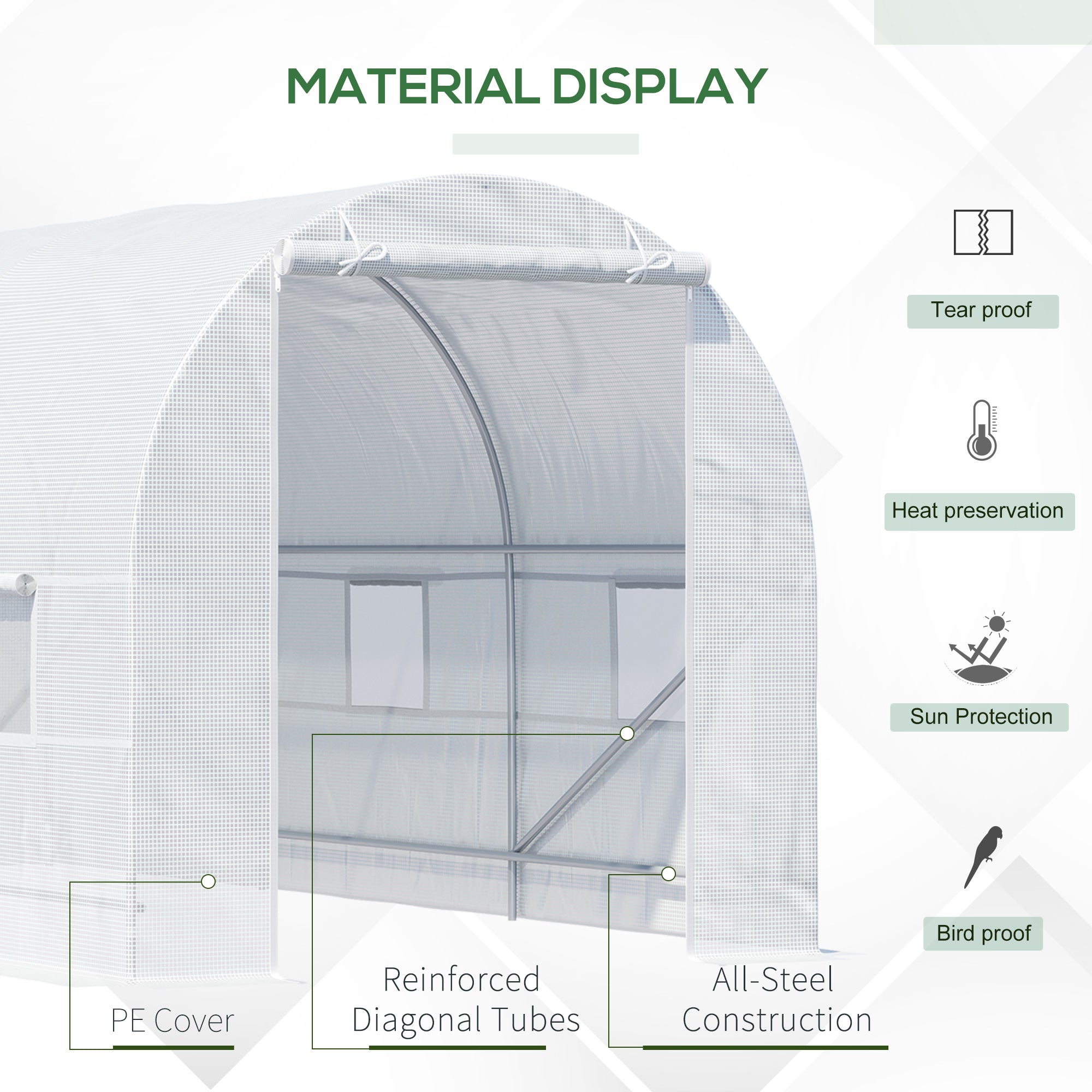 Outsunny 4.5 x 2 x 2 m Polytunnel Greenhouse, Walk-in Green House for Garden with Mesh Windows, Galvanised Steel Frame, White - anydaydirect