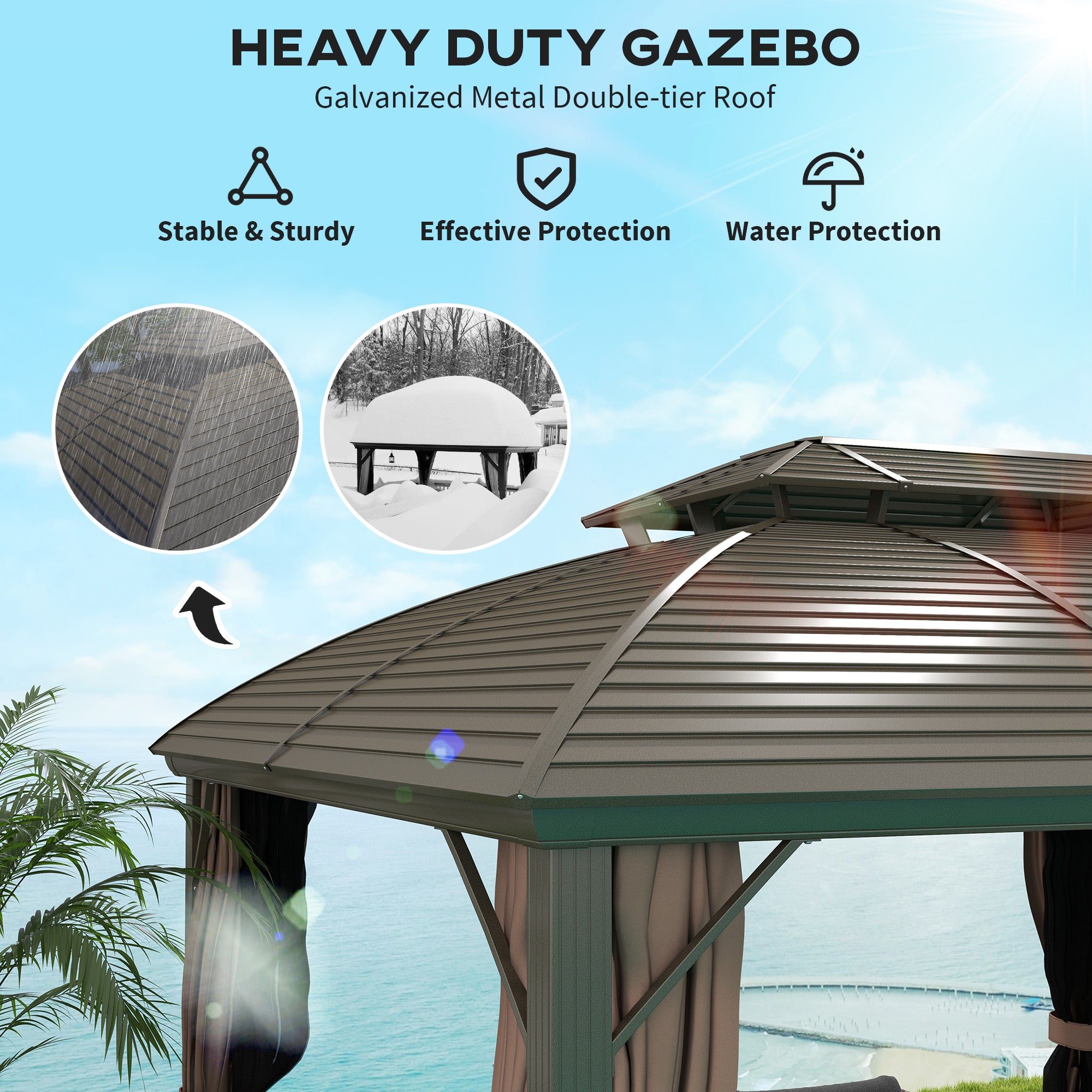 Outsunny 3.65 x 3(m) Hardtop Steel Gazebo Canopy with Aluminium Frame, Double Roof, Net Sidewalls and Curtains, Coffee - anydaydirect