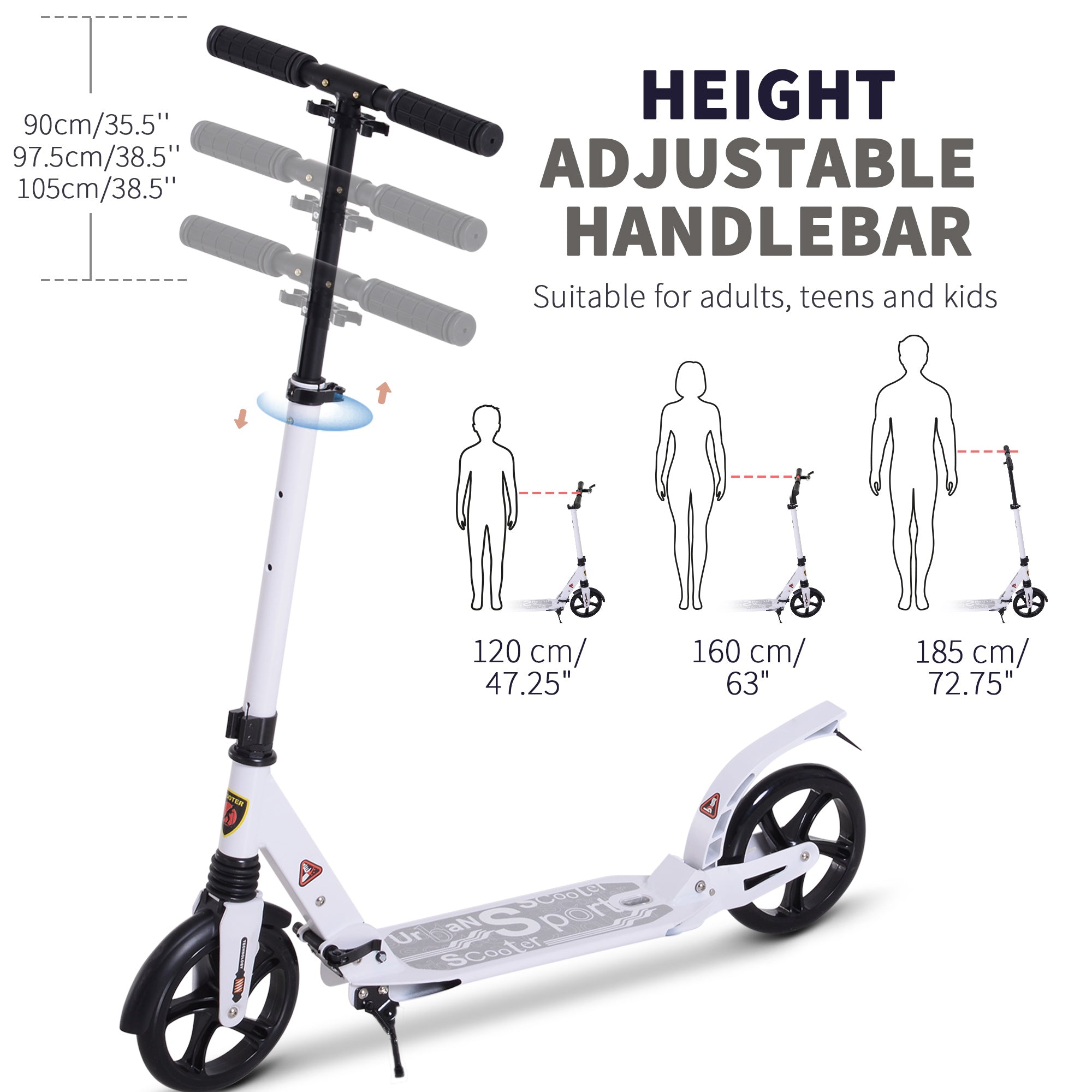 HOMCOM Folding Kick Scooter, Adjustable Ride On Scooter with 200mm Big Wheels and Double Shock Absorption, Urban Scooter for 14+ Teens Adult, White - anydaydirect