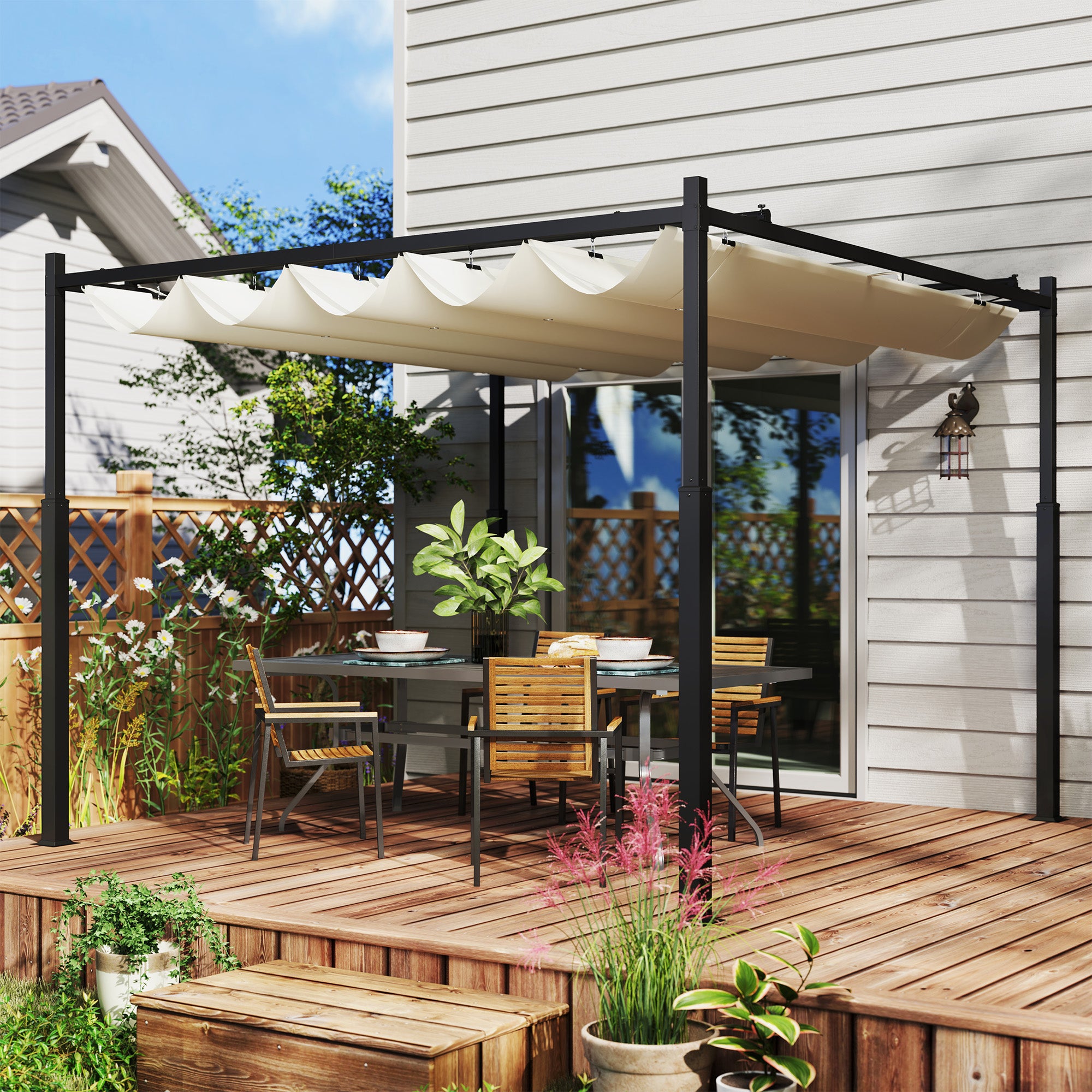 Outsunny 3 x 3(m) Garden Pergola with Retractable Roof and Magnetic Fixture, Outdoor Gazebo Pergola Kit Sun Shade Canopy, UPF30+, 80mm Metal Column, Cream White - anydaydirect