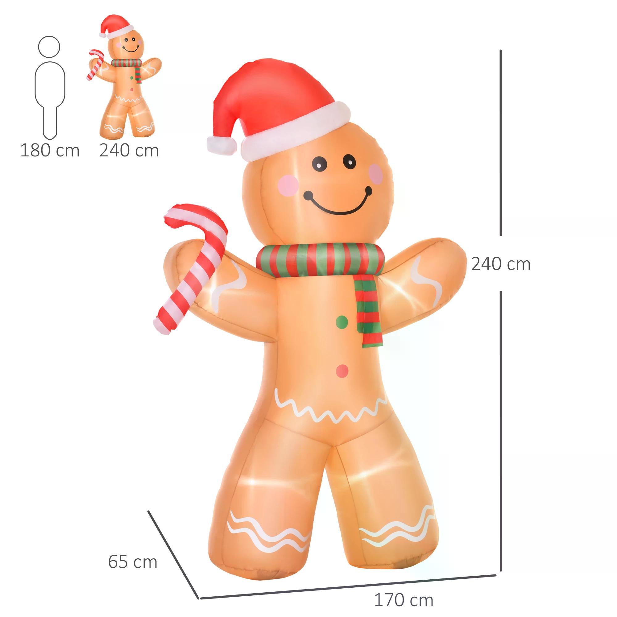 HOMCOM 2.4m Christmas Inflatable Gingerbread Man, Lighted for Home Indoor Outdoor Garden Lawn Decoration Party Prop - anydaydirect