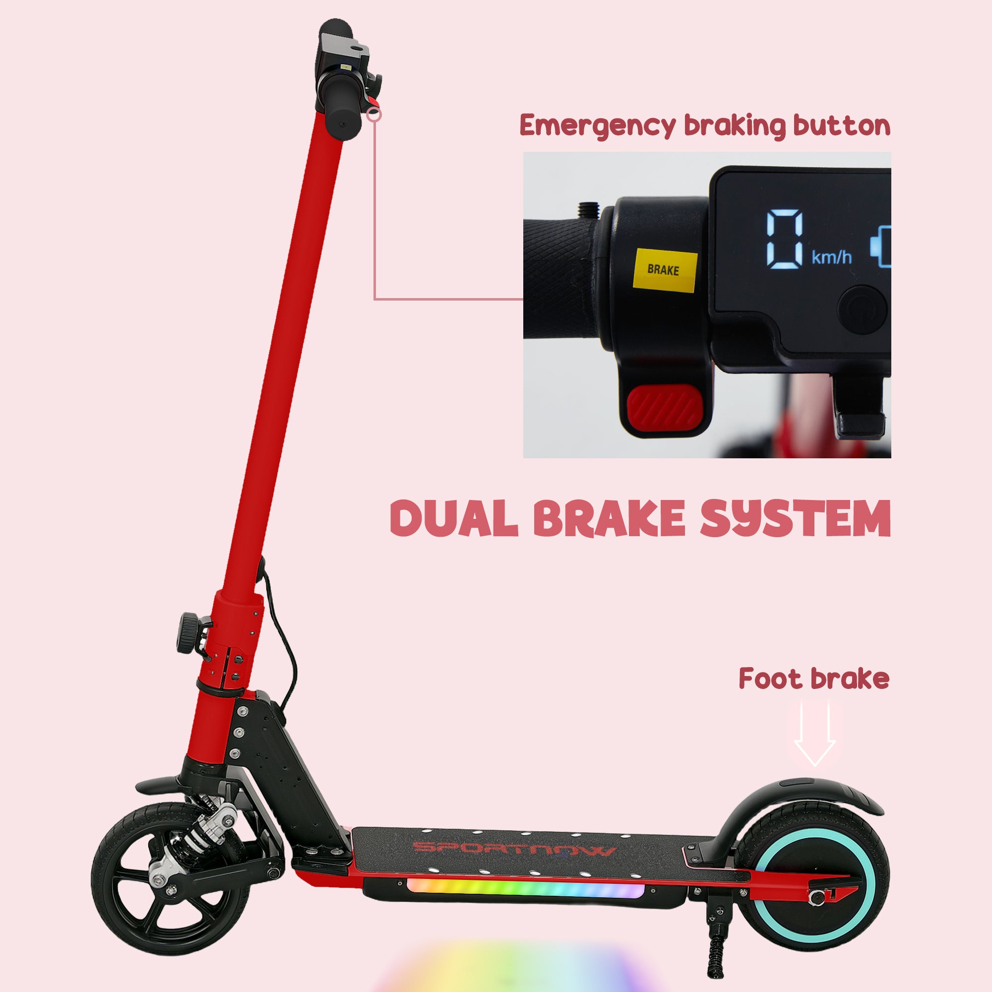 SPORTNOW Folding Electric Scooter for Kids Age 6-14 with Dual Brakes, Front Suspension, LED Colourful Lights and Display, 6.8kg Lightweight Aluminium E Scooter, Up to 14 KM/H & 6 KM, Red - anydaydirect