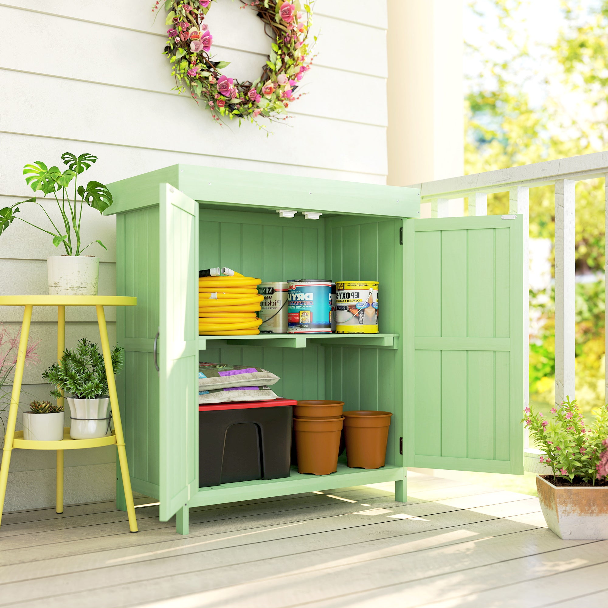 Outsunny Small Shed, Wooden Garden Shed with Openable Hinged Roof and Removable Shelf, 74 x 43 x 88 cm, Light Green - anydaydirect