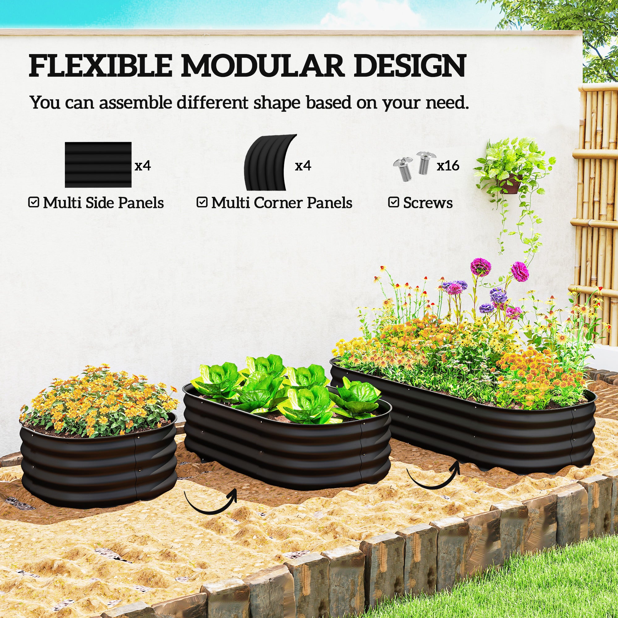 Outsunny Galvanised Raised Garden Bed, Metal Planter Box with Safety Edging, for Flowers, Herbs, Succulents, Black - anydaydirect