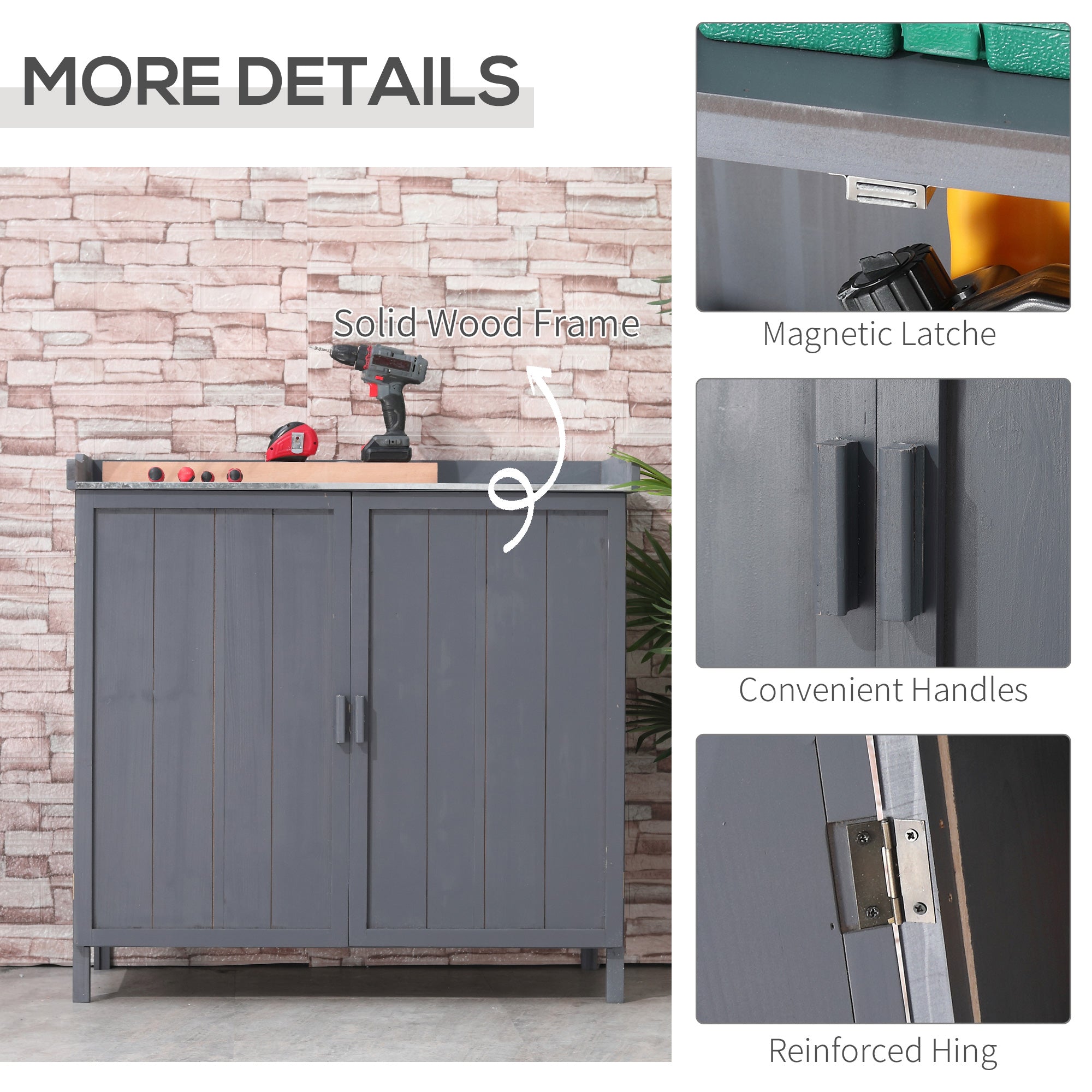 Outsunny Wooden Garden Storage Shed Tool Cabinet Organiser w/ Potting Bench Table, Two Shelves, 98 x 48 x 95.5 cm, Grey - anydaydirect