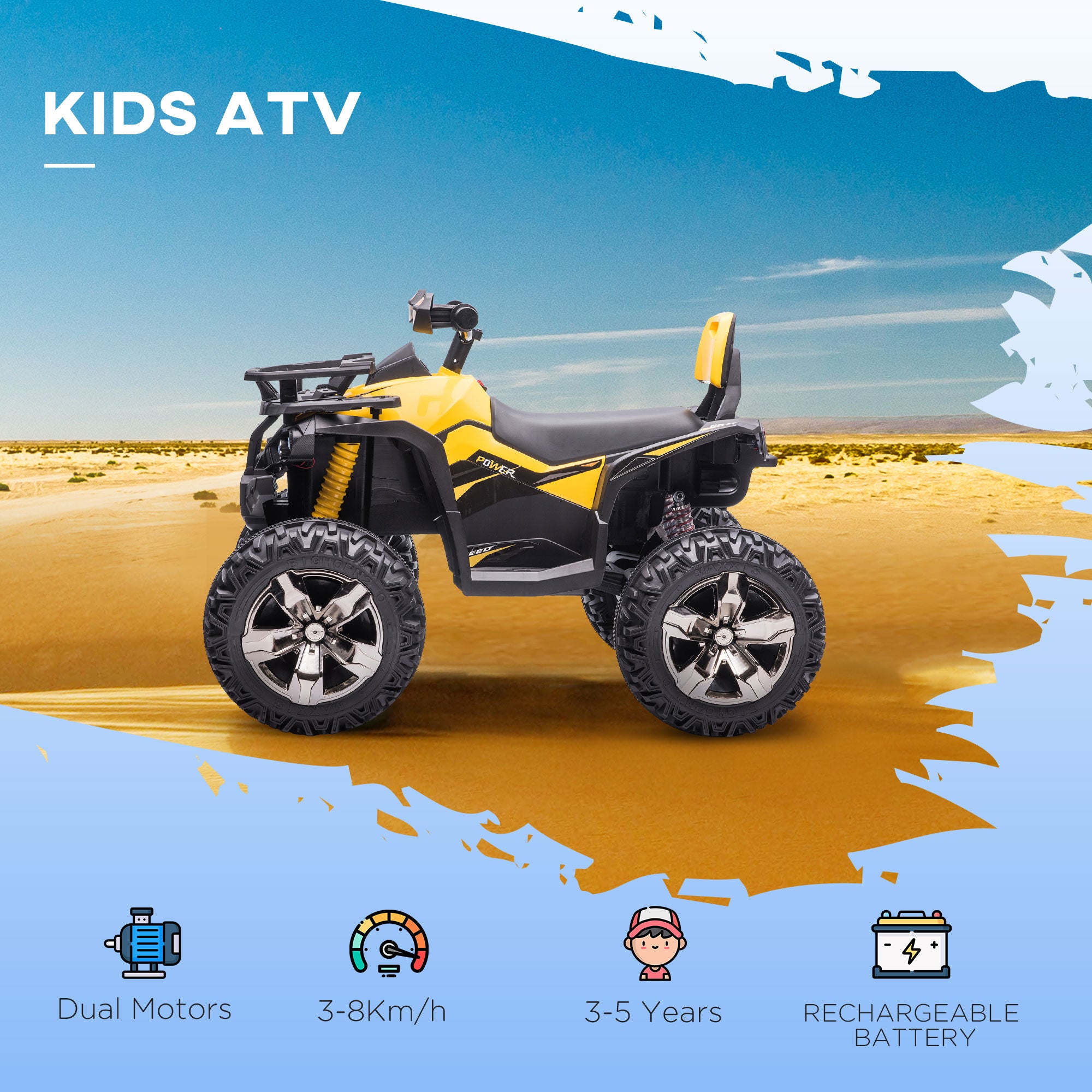 HOMCOM 12V Quad Bike ATV with LED Lights, Music, Backrest, Forward, Backward, Yellow - anydaydirect