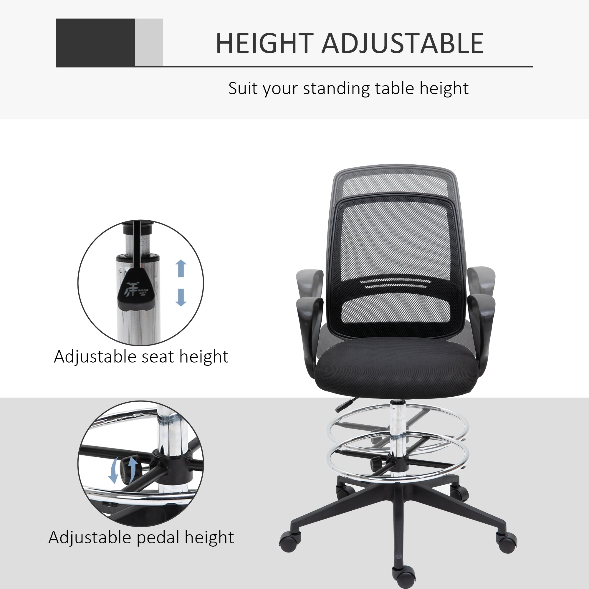 Vinsetto Ergonomic Mesh Back Drafting Chair, Tall Office Chair, Draughtsman Chair with Adjustable Height and Footrest 360° Swivel, Set of 5 - anydaydirect
