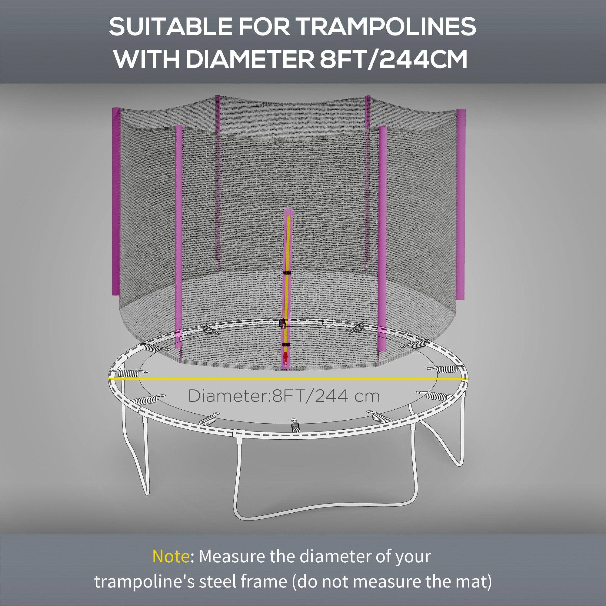 SPORTNOW 8ft Trampoline Net Replacement with 6 Plastic Pole Covers, Weather-Resistant Trampoline Netting Replacement with Zipped Entrance, Poles Not Included, Pink - anydaydirect