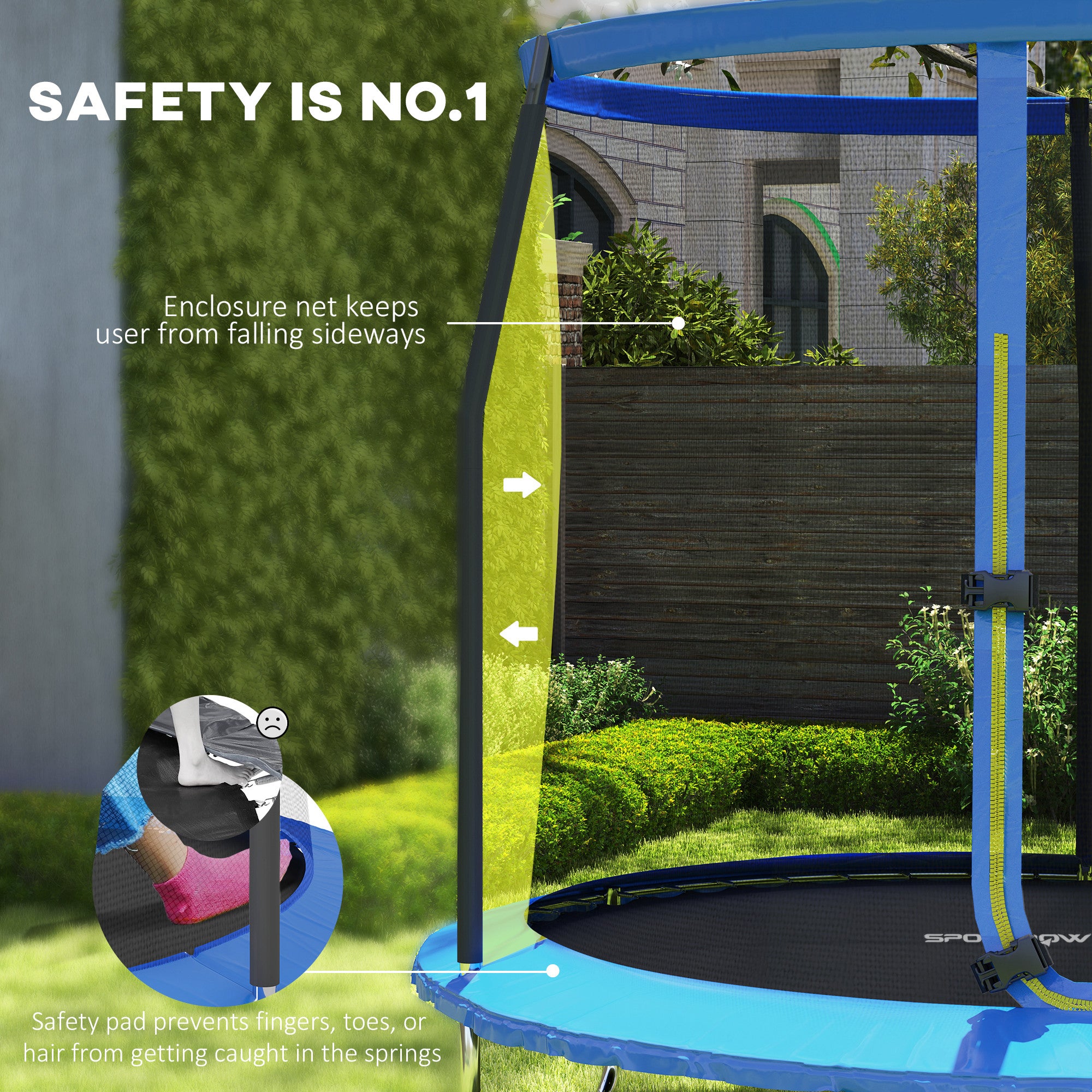 SPORTNOW 8ft Trampoline with Safety Enclosure Net, Steel Frame Outdoor Trampoline, with Edge, Safety Cover - anydaydirect
