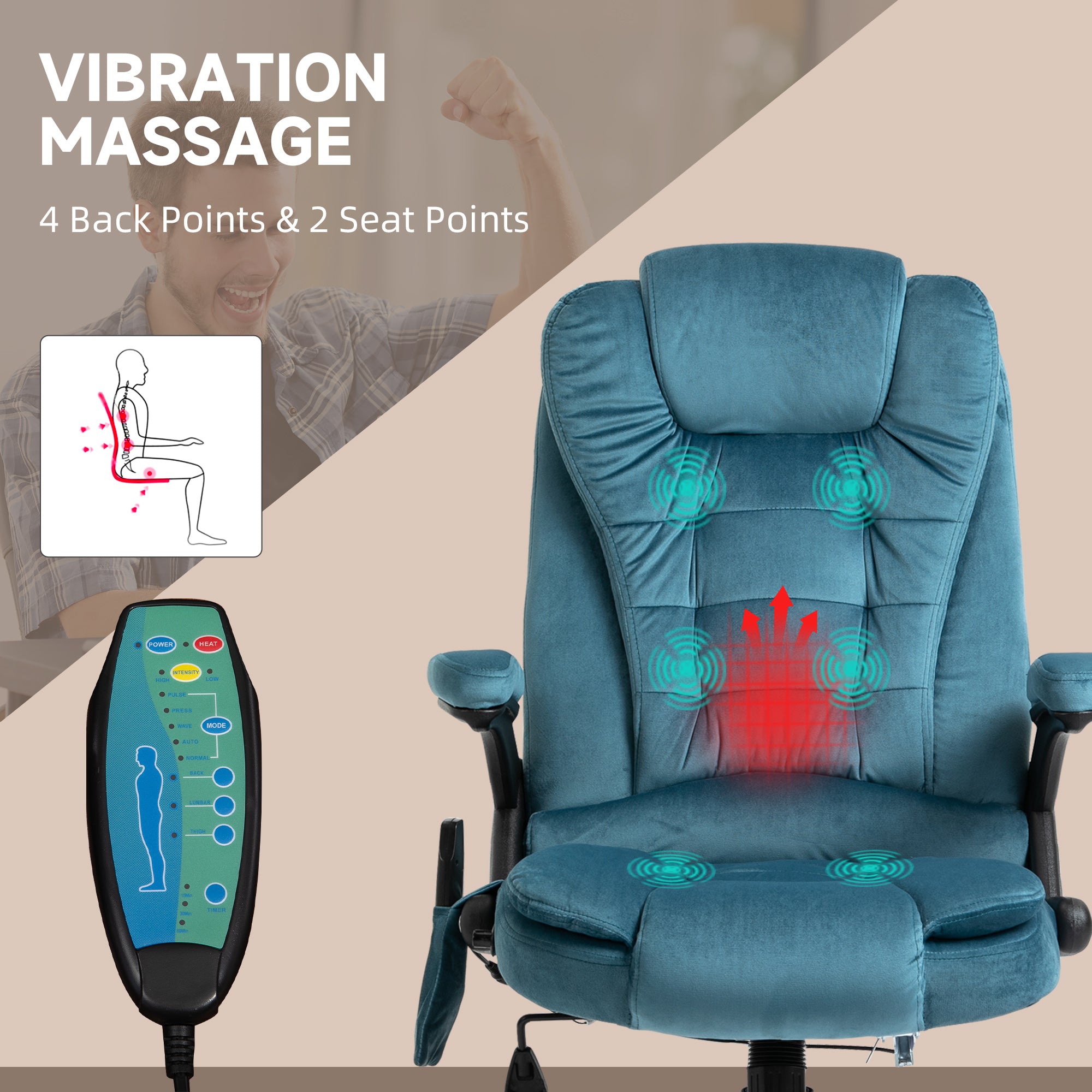 Vinsetto Massage Recliner Chair Heated Office Chair with Six Massage Points Velvet-Feel Fabric 360° Swivel Wheels Blue - anydaydirect