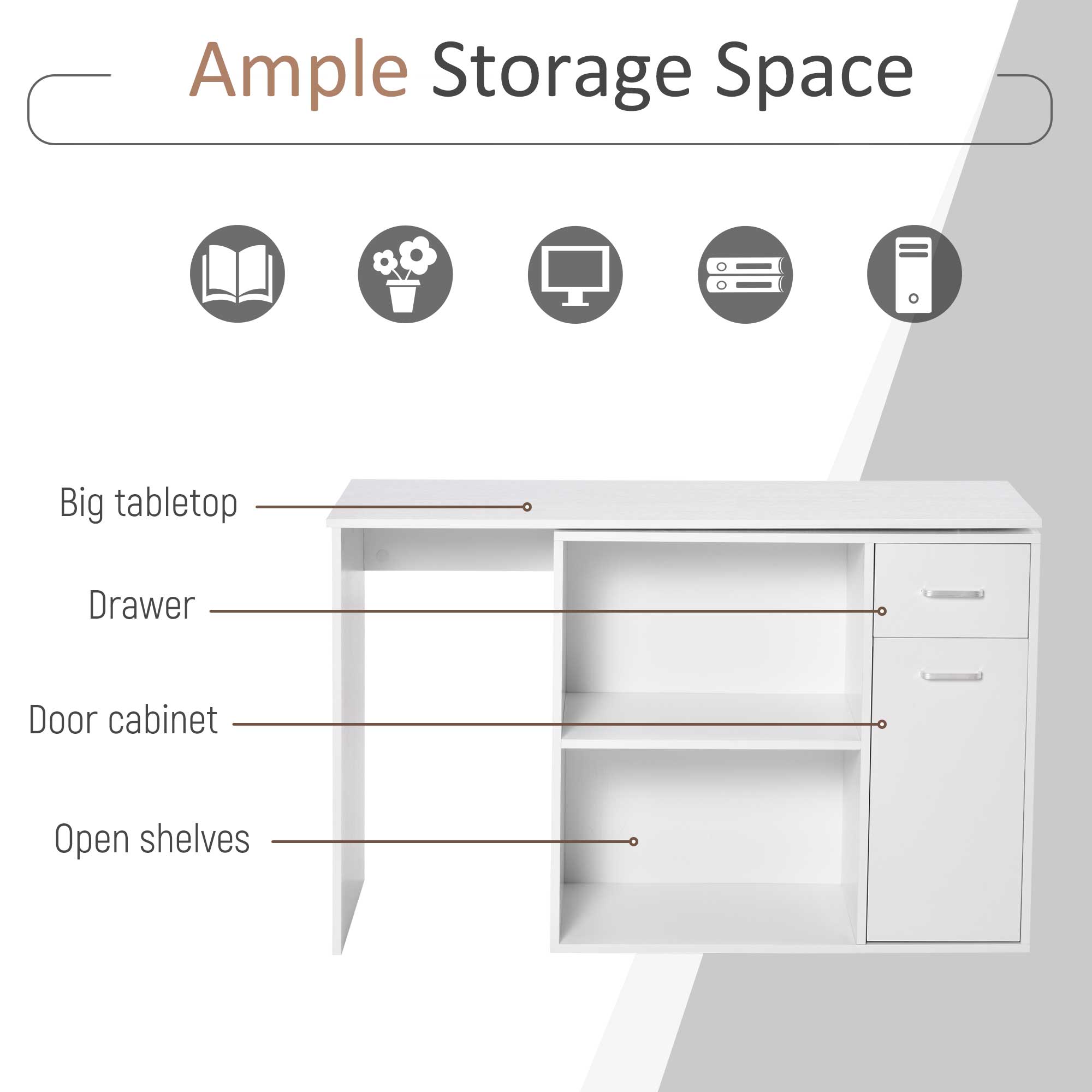 HOMCOM L-Shaped Desk, Corner Computer Desk, Adjustable Study Table with Storage Shelf, Drawer and Cabinet, Workstation for Home Office, White Wood Grain - anydaydirect