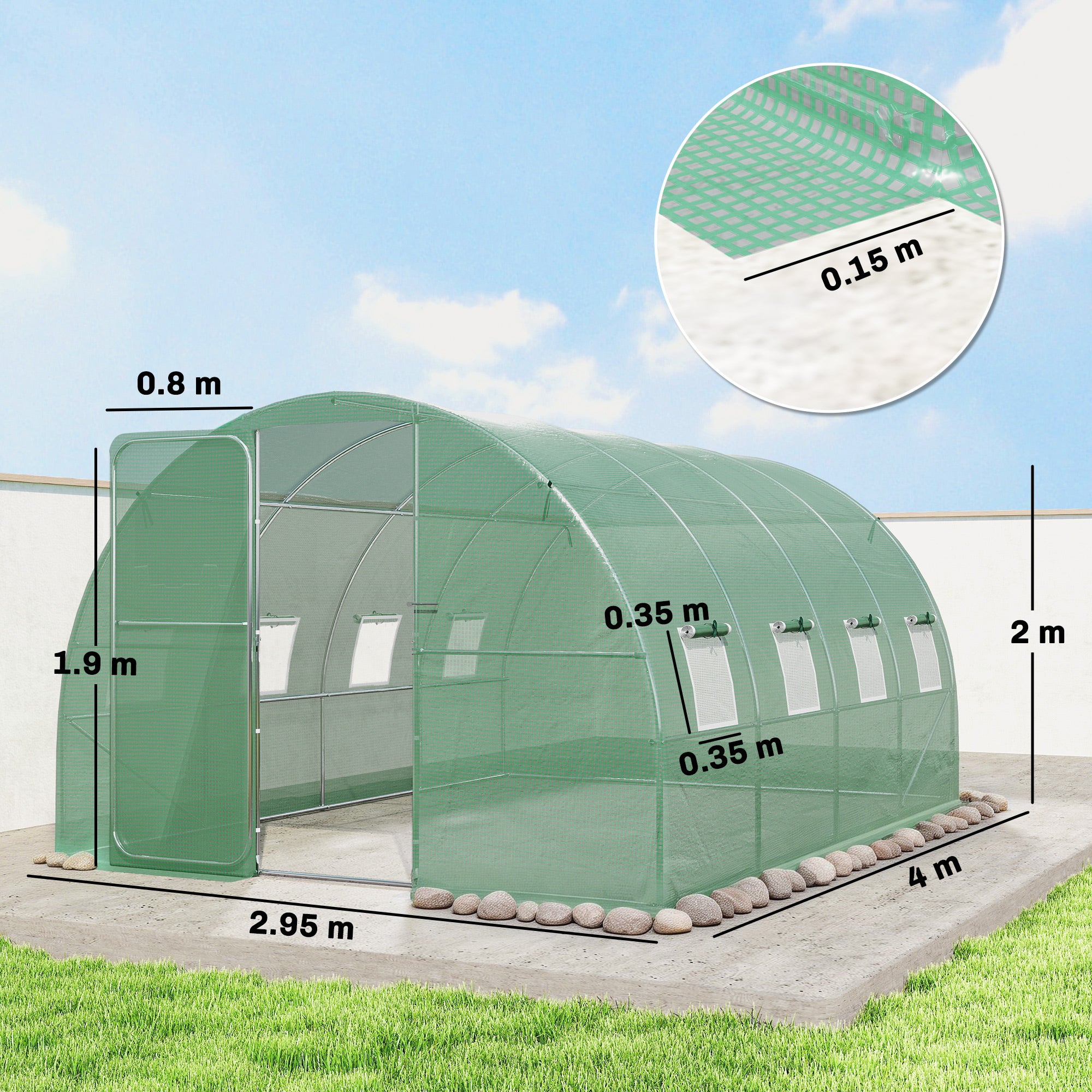 Outsunny 3 x 4 m Walk-in Polytunnel Greenhouse with Hinged Door and 8 Roll Up Mesh Windows, Garden Tunnel Warm House Tent, Green - anydaydirect
