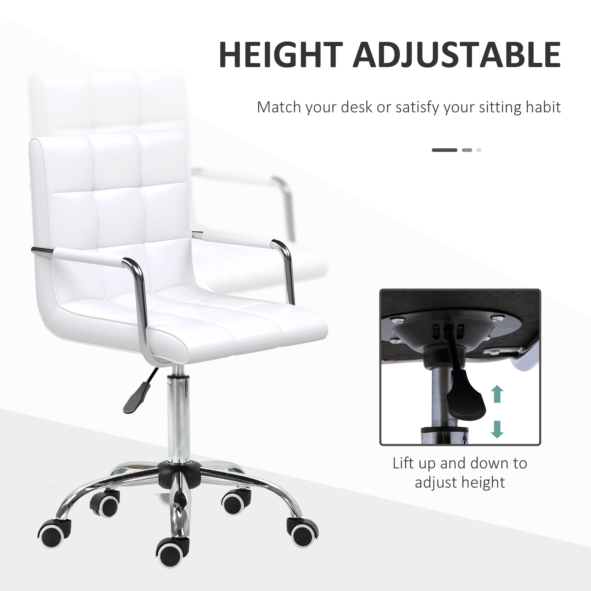 Vinsetto Office Chair, Makeup Vanity Chair, Mid Back Computer Chair, PU Leather Swivel Study Chair with Adjustable Height, Armrest and Rolling Wheels, White - anydaydirect