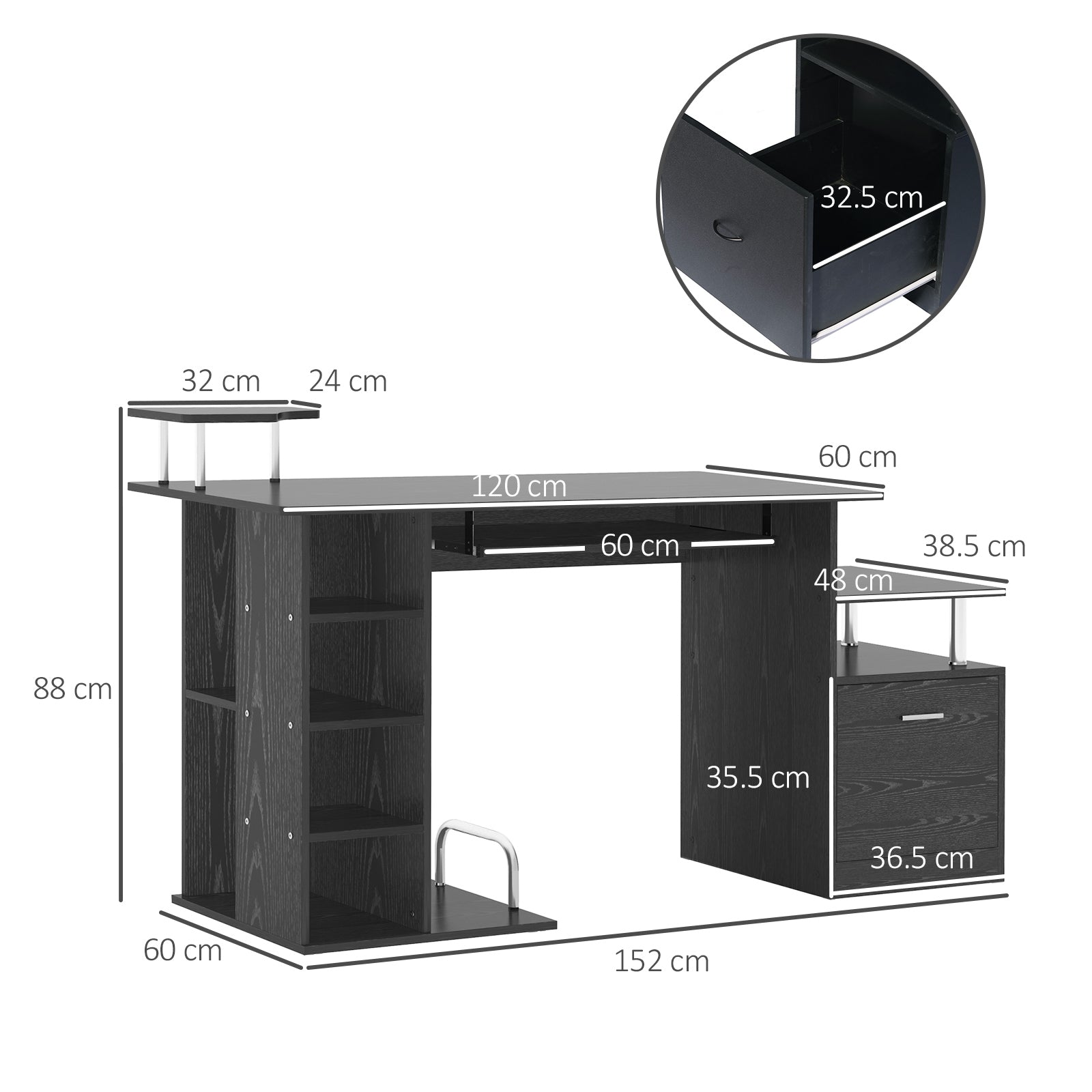HOMCOM Computer Desk PC Workstation with Drawer Shelves CPU Storage Rack Home Office Furniture 152 x 60 x 88cm (BLACK) - anydaydirect