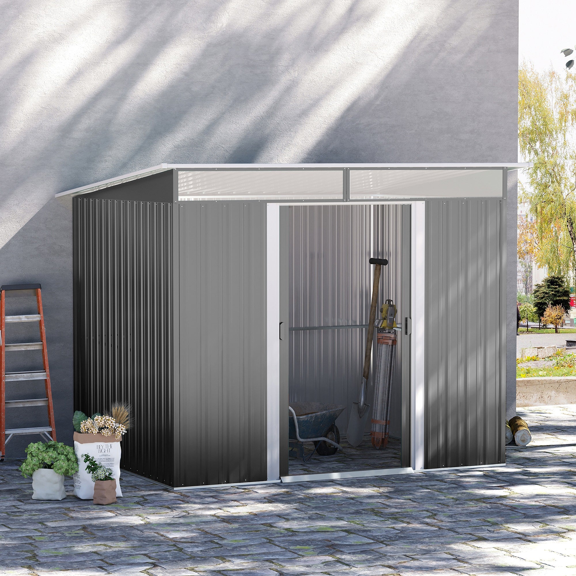 Outsunny 8 x 6.5 ft Metal Garden Storage Shed Apex Store for Gardening Tool with Foundation Ventilation and Lockable Door, Brown - anydaydirect