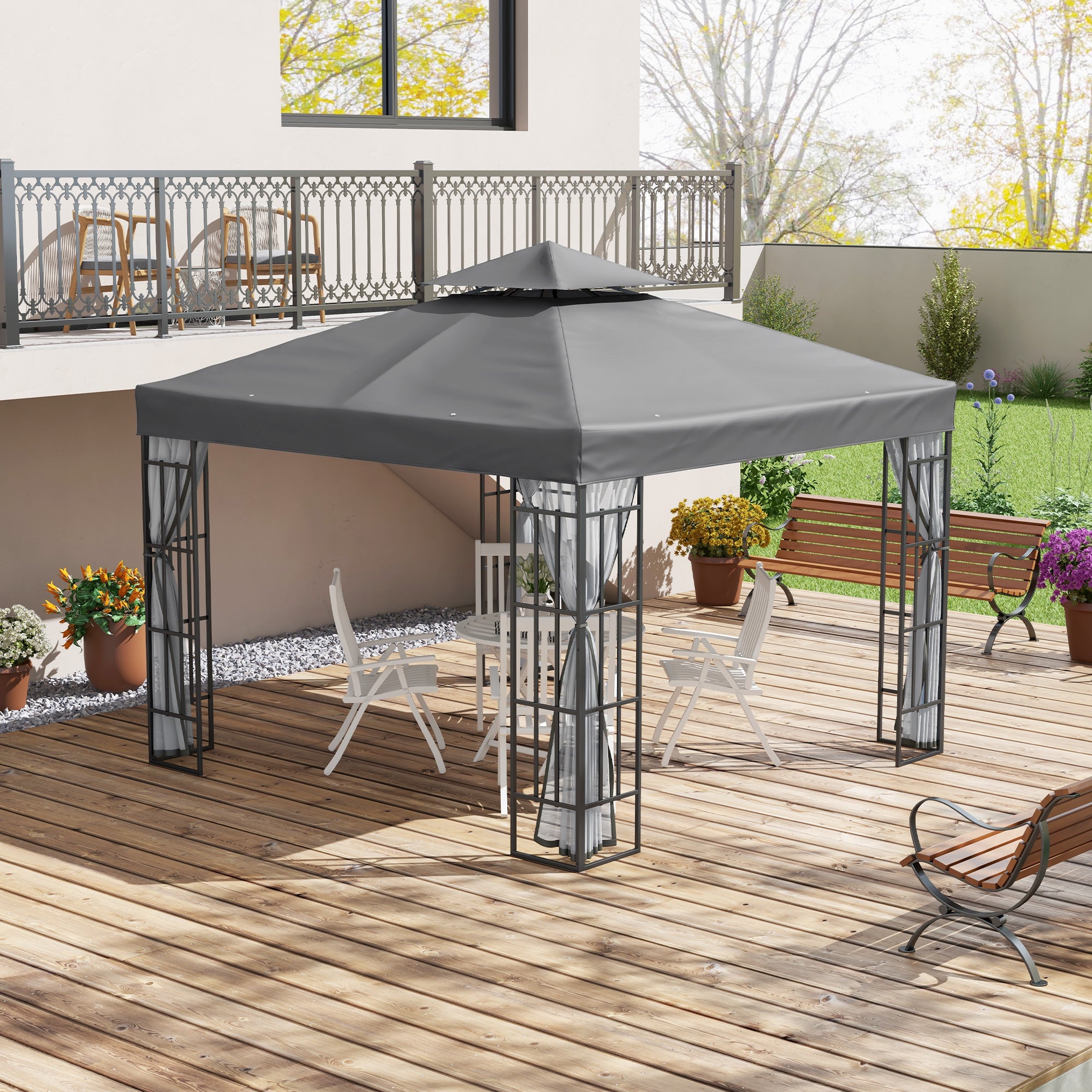 Outsunny 3 x 3(m) Patio Gazebo Canopy Garden Pavilion Tent Shelter with 2 Tier Roof and Mosquito Netting, Steel Frame, Grey - anydaydirect