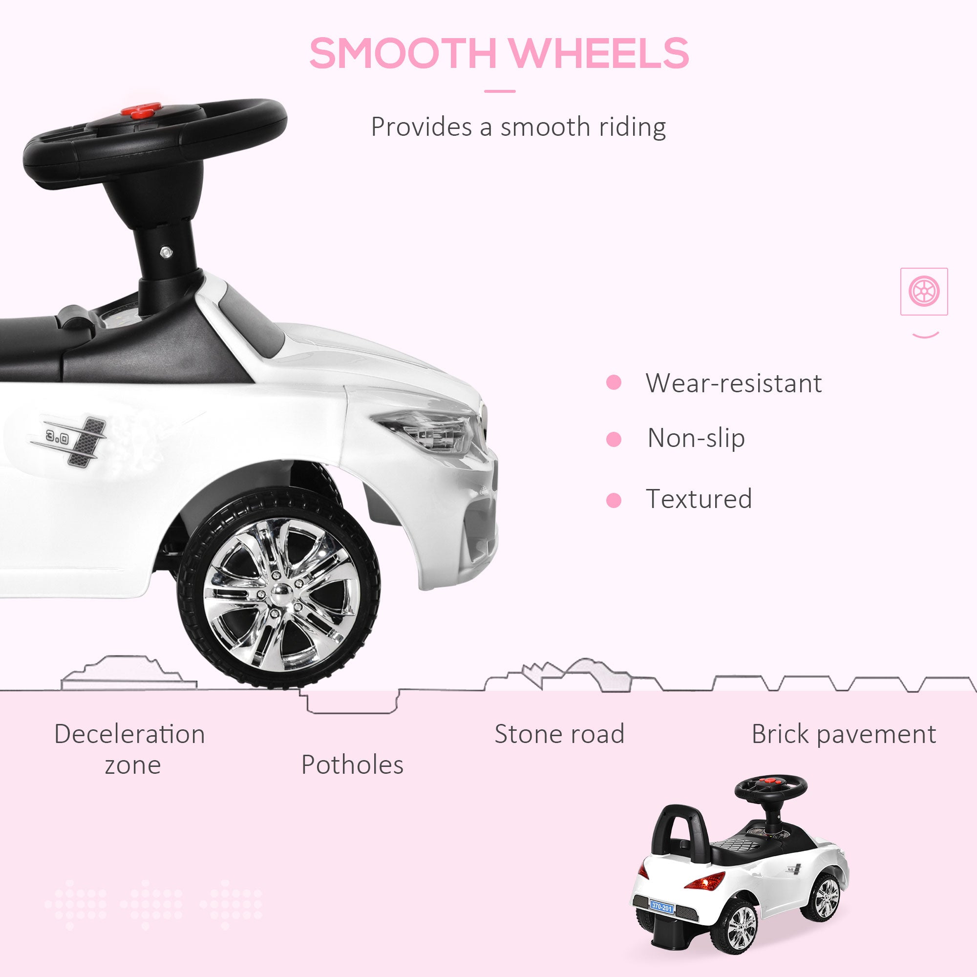 HOMCOM Kids Car Kides Ride on Push Car, 4-in-1, Foot-to-Floor with Anti-Overturning System & Under-seat Storage, White - anydaydirect