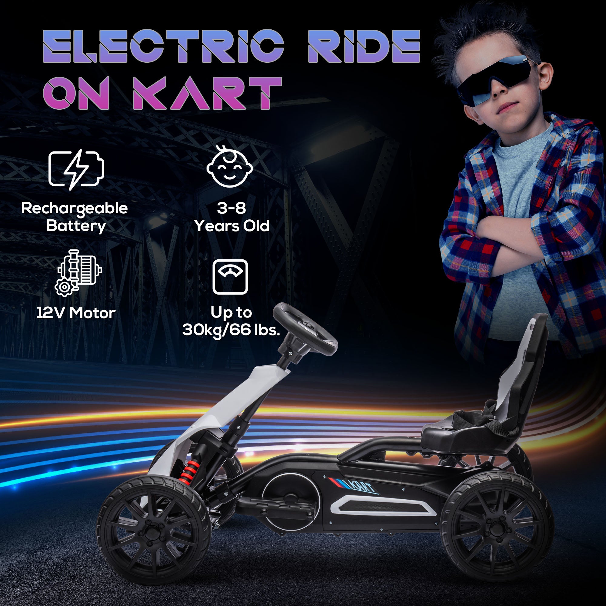 HOMCOM 12V Electric Go Kart for Kids, Ride-On Racing Go Kart with Forward Reversing, Rechargeable Battery, 2 Speeds, for Boys Girls Aged 3-8 Years Old - White - anydaydirect