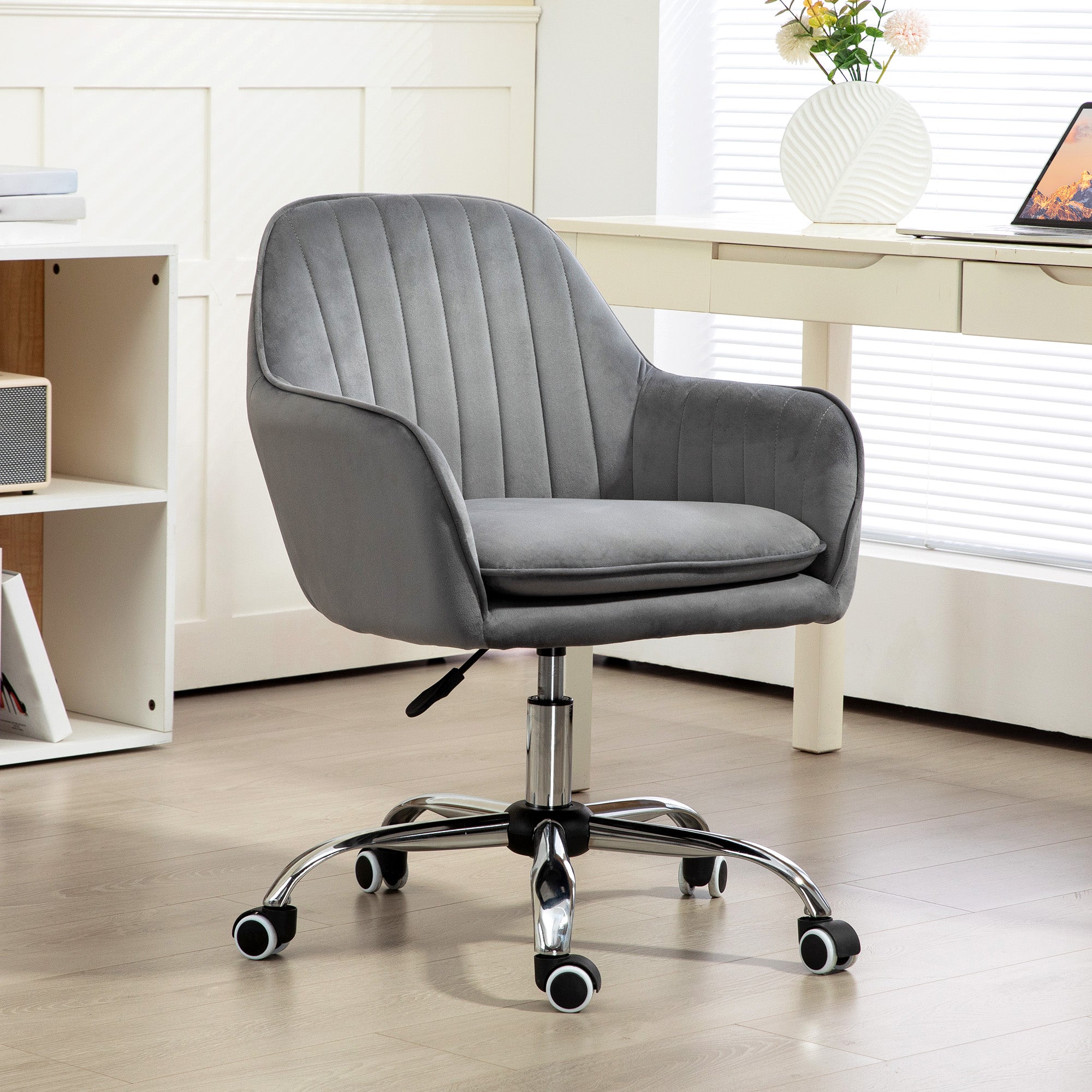 HOMCOM Office Chair, Swivel Desk Chair, Velvet-Feel Fabric Vanity Chair with Adjustable Height and Rolling Wheels for Home Work Study, Grey - anydaydirect