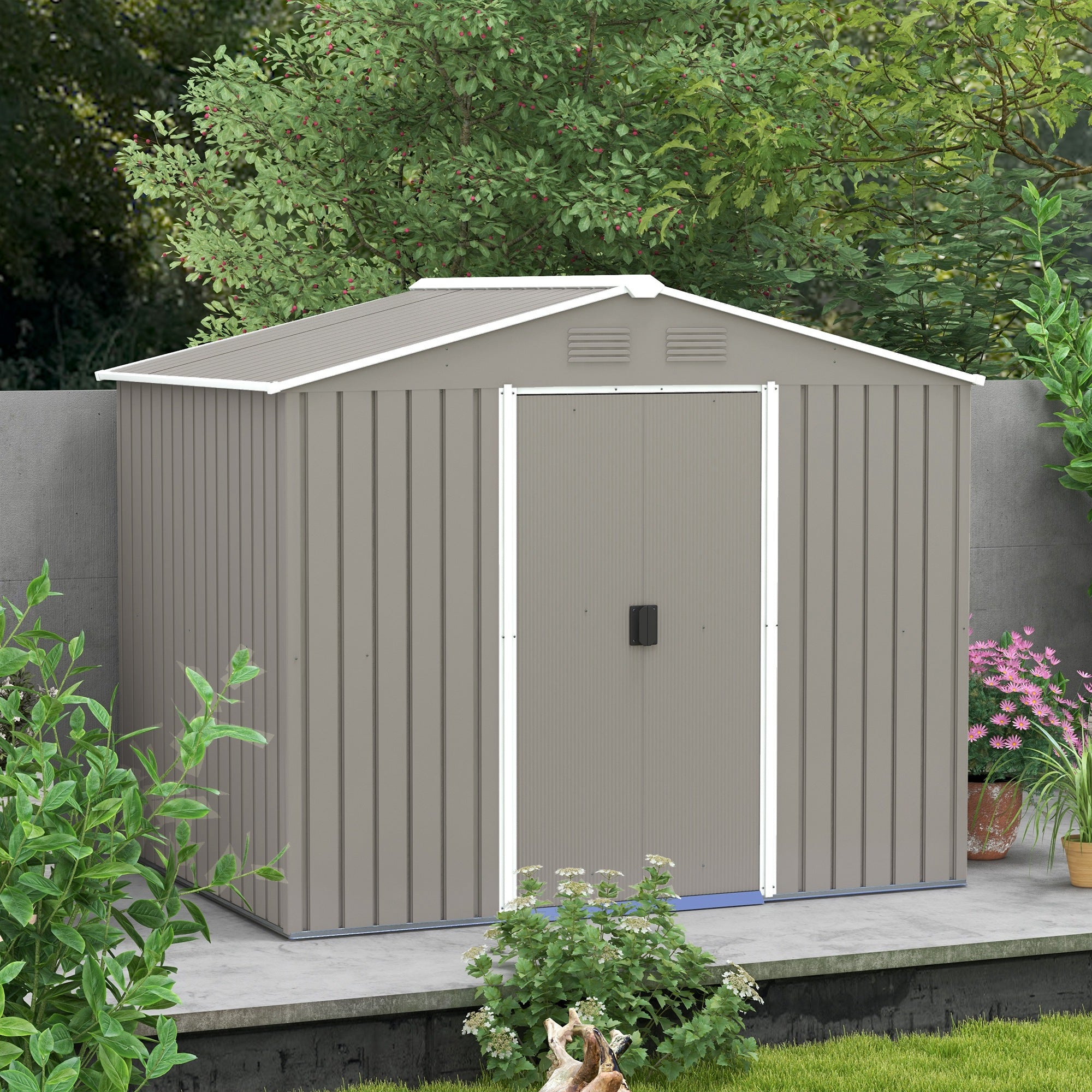 Outsunny 8 x 6ft Outdoor Garden Storage Shed, Metal Tool House with Ventilation and Sliding Doors, Light Grey - anydaydirect