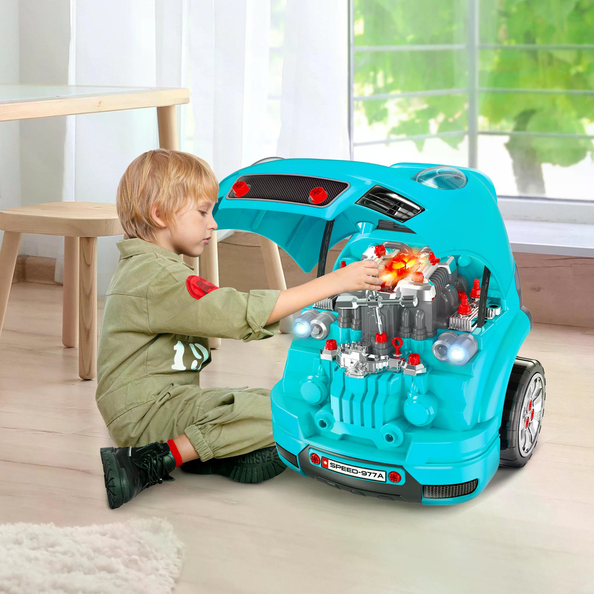 HOMCOM Kids Truck Engine Toy Set, Educational Car Service Station Playset, Take Apart Workshop, w/ Steering Wheel, for 3-5 Years Old Teal Green - anydaydirect
