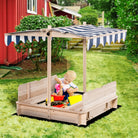 Outsunny Kids Wooden Sand Pit with Lids Children Sandbox Height Adjustable Canopy for Garden, Convertible Bench Seat Outdoor Backyard Playset, Blue and White Canopy - anydaydirect