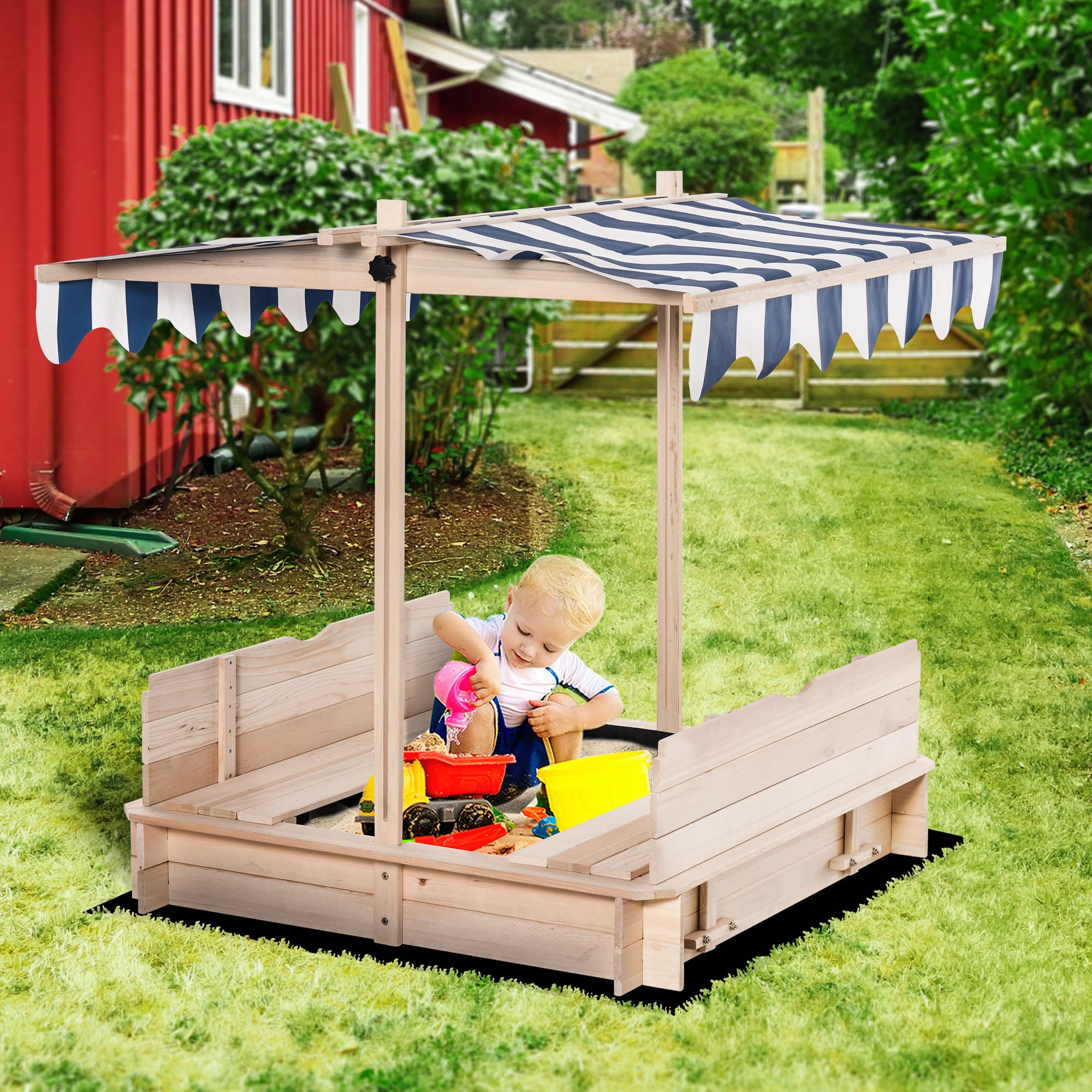 Outsunny Kids Wooden Sand Pit with Lids Children Sandbox Height Adjustable Canopy for Garden, Convertible Bench Seat Outdoor Backyard Playset, Blue and White Canopy - anydaydirect