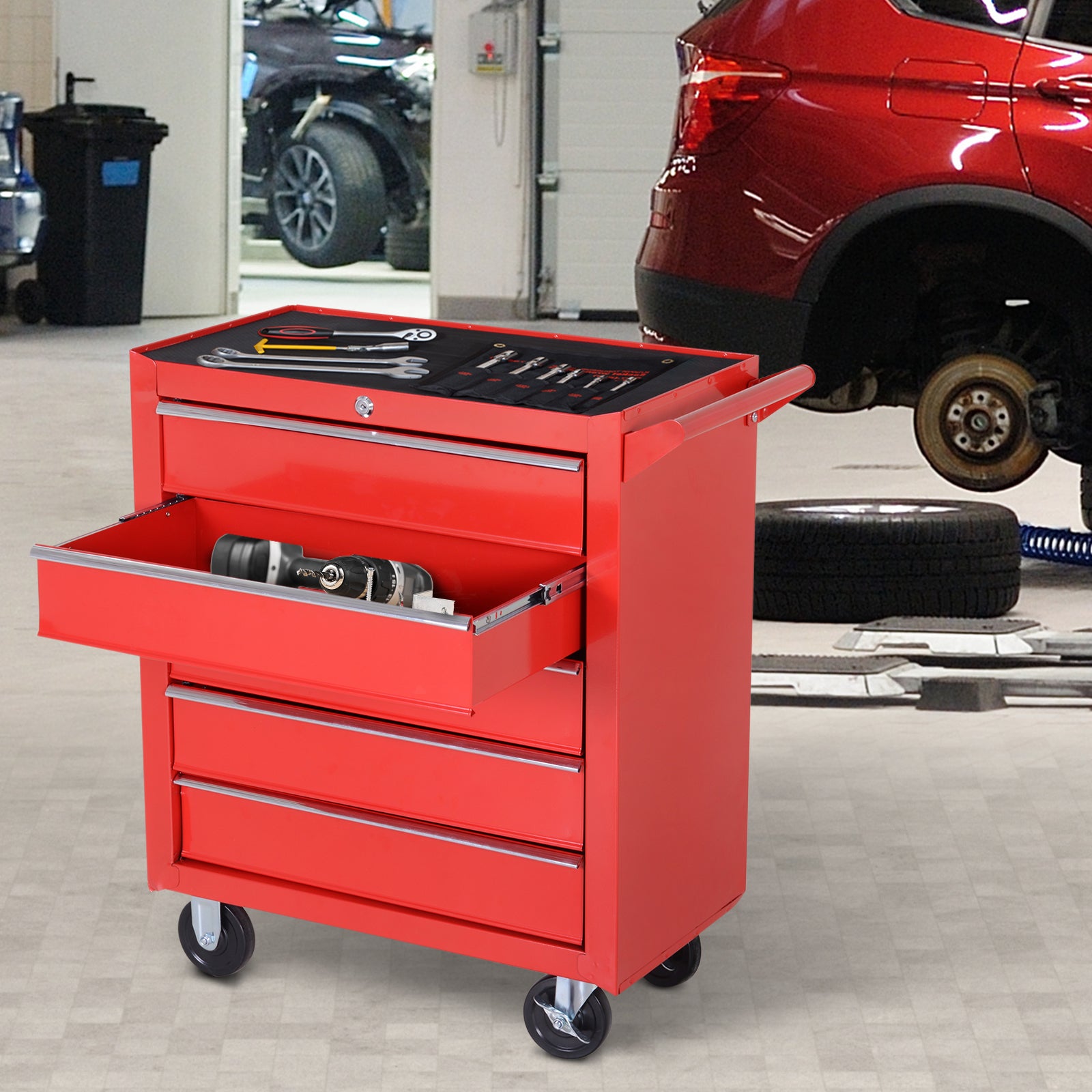 DURHAND 5-Drawer Lockable Tool Storage Cabinet with Wheels, Handle, 2 Keys, Steel Home Work DIY Workshop Chest, Garage Equipment Trolley, Red - anydaydirect