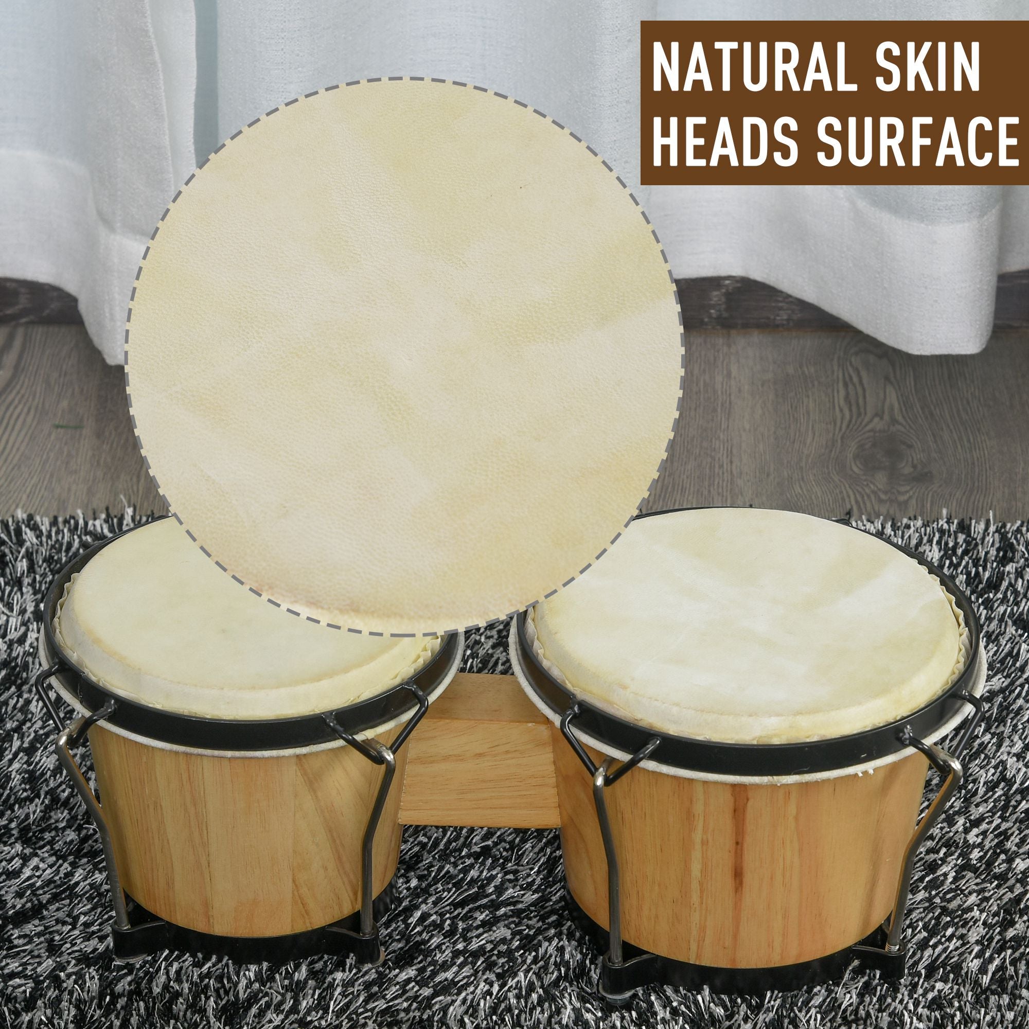HOMCOM Wooden Bongo Drum Set ?7.75" & ?7" w/ Drum Head, Percussion Instrument, Drums, Tuning Wrench For Adults Beginners - anydaydirect