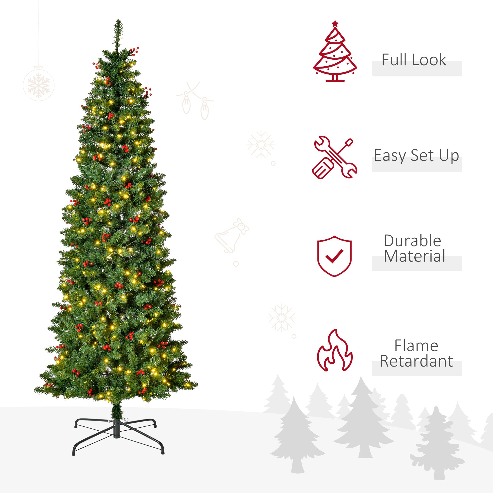 HOMCOM 7FT Prelit Artificial Pencil Christmas Tree with Warm White LED Light, Red Berry, Holiday Home Xmas Decoration, Green - anydaydirect