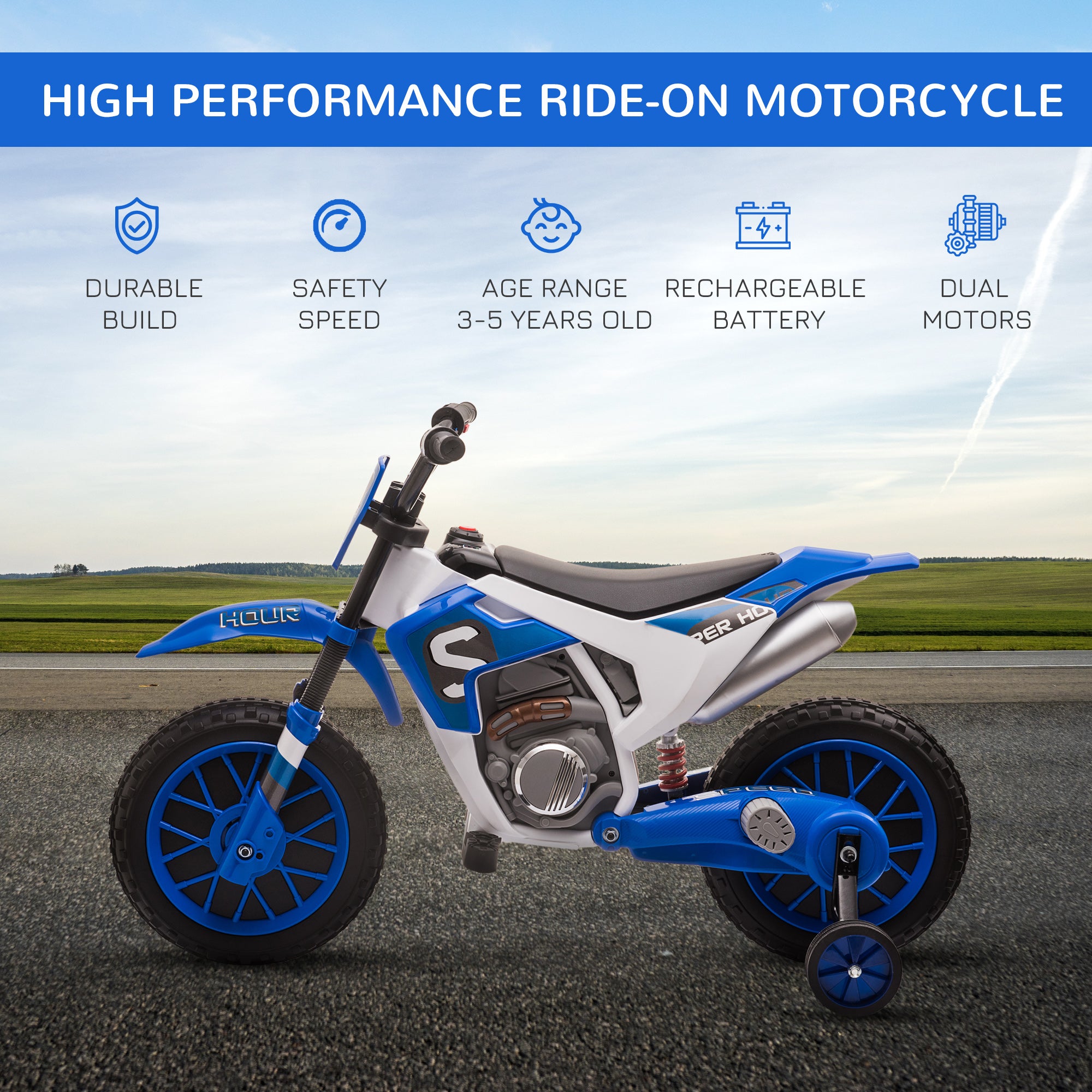 HOMCOM 12V Kids Electric Motorbike Ride On Motorcycle Vehicle Toy with Training Wheels for 3-5 Years Old, Blue - anydaydirect