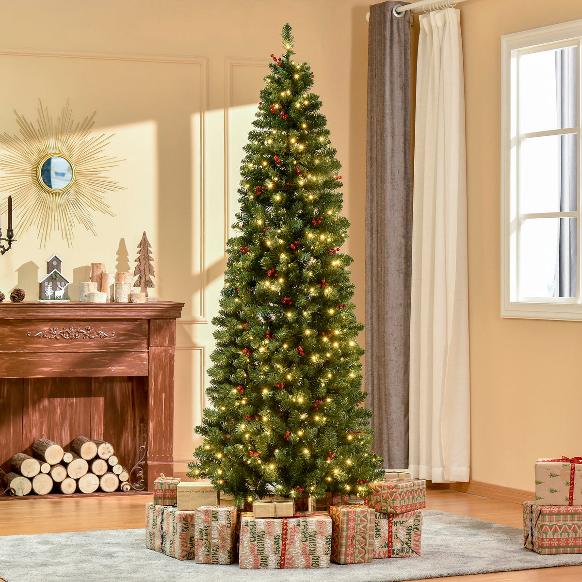 HOMCOM 7FT Prelit Artificial Pencil Christmas Tree with Warm White LED Light, Red Berry, Holiday Home Xmas Decoration, Green - anydaydirect