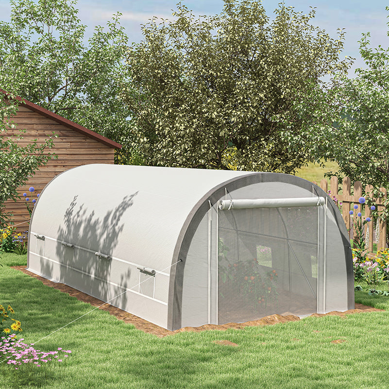 Outsunny 6 x 3(m) Polytunnel Greenhouse with Upgraded Structure, Mesh Door and Windows, 15 Plant Labels, White - anydaydirect