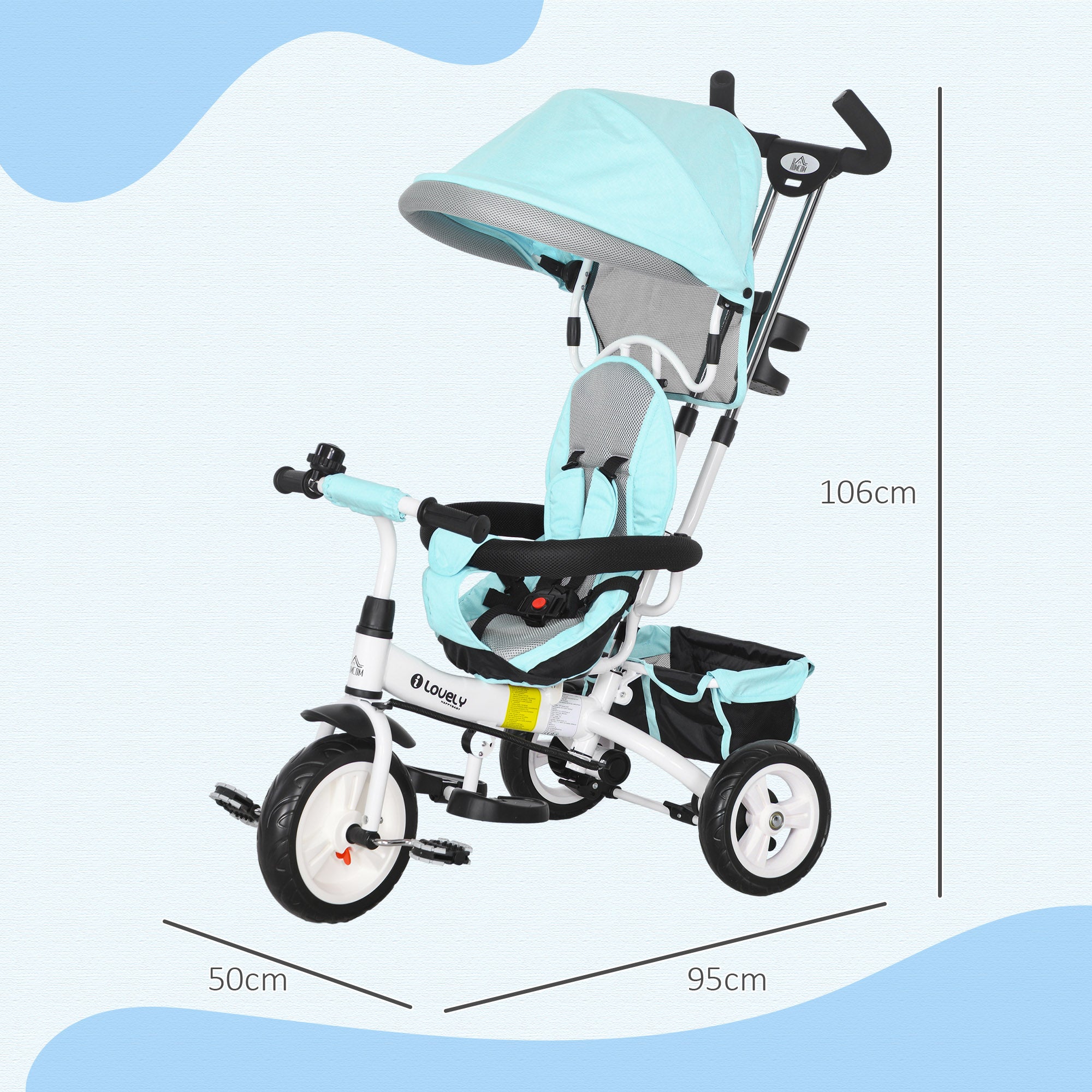 HOMCOM 6 in 1 Kids Trike Push Bike w/ Push Handle, Canopy, 5-point Safety Belt, Storage, Footrest, Brake, for 1-5 Years, Green - anydaydirect