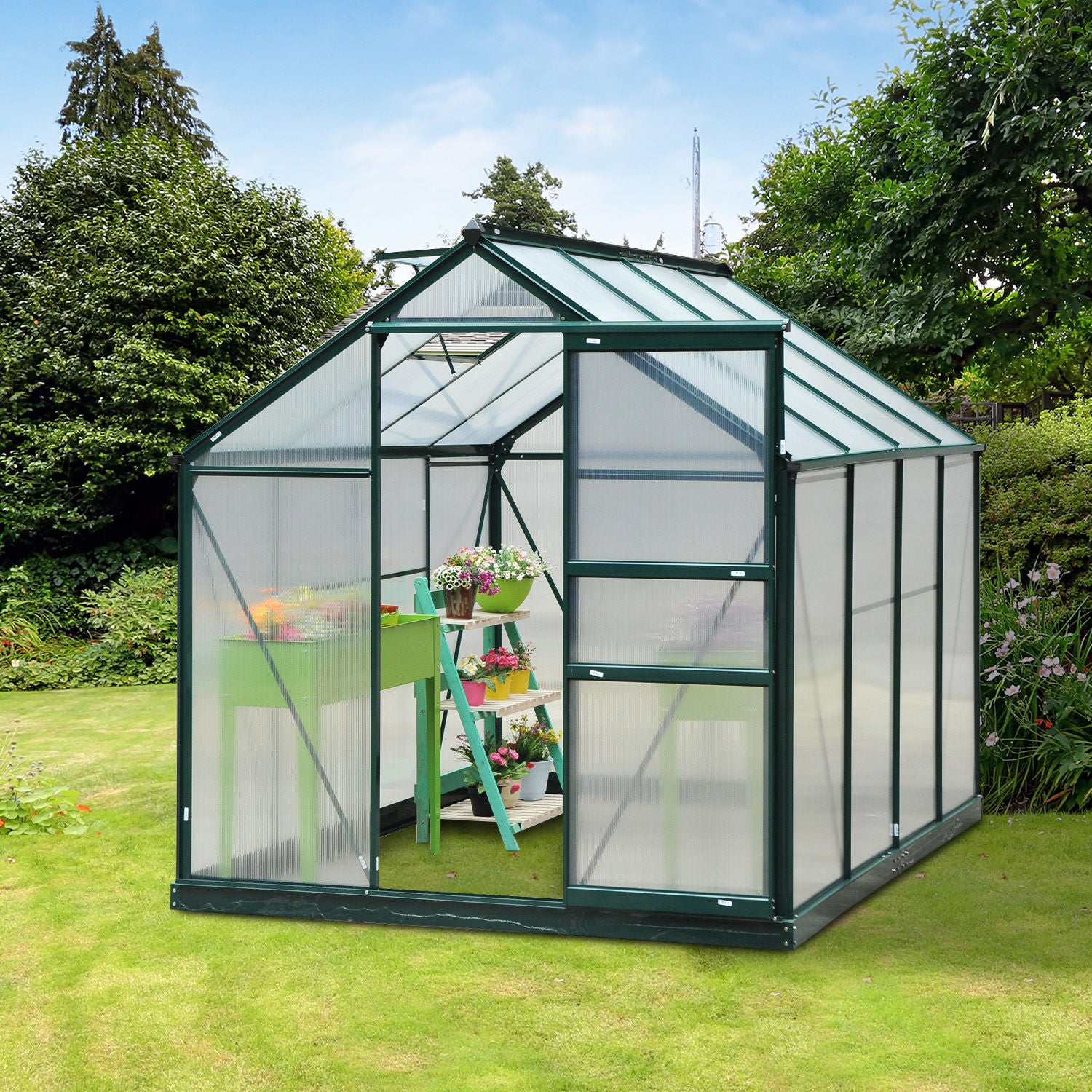 Outsunny 6 x 8ft Polycarbonate Greenhouse, Large Walk-In Green House with Slide Door and Window, Garden Plants Grow House with Aluminium Frame and Foundation, Dark Green - anydaydirect