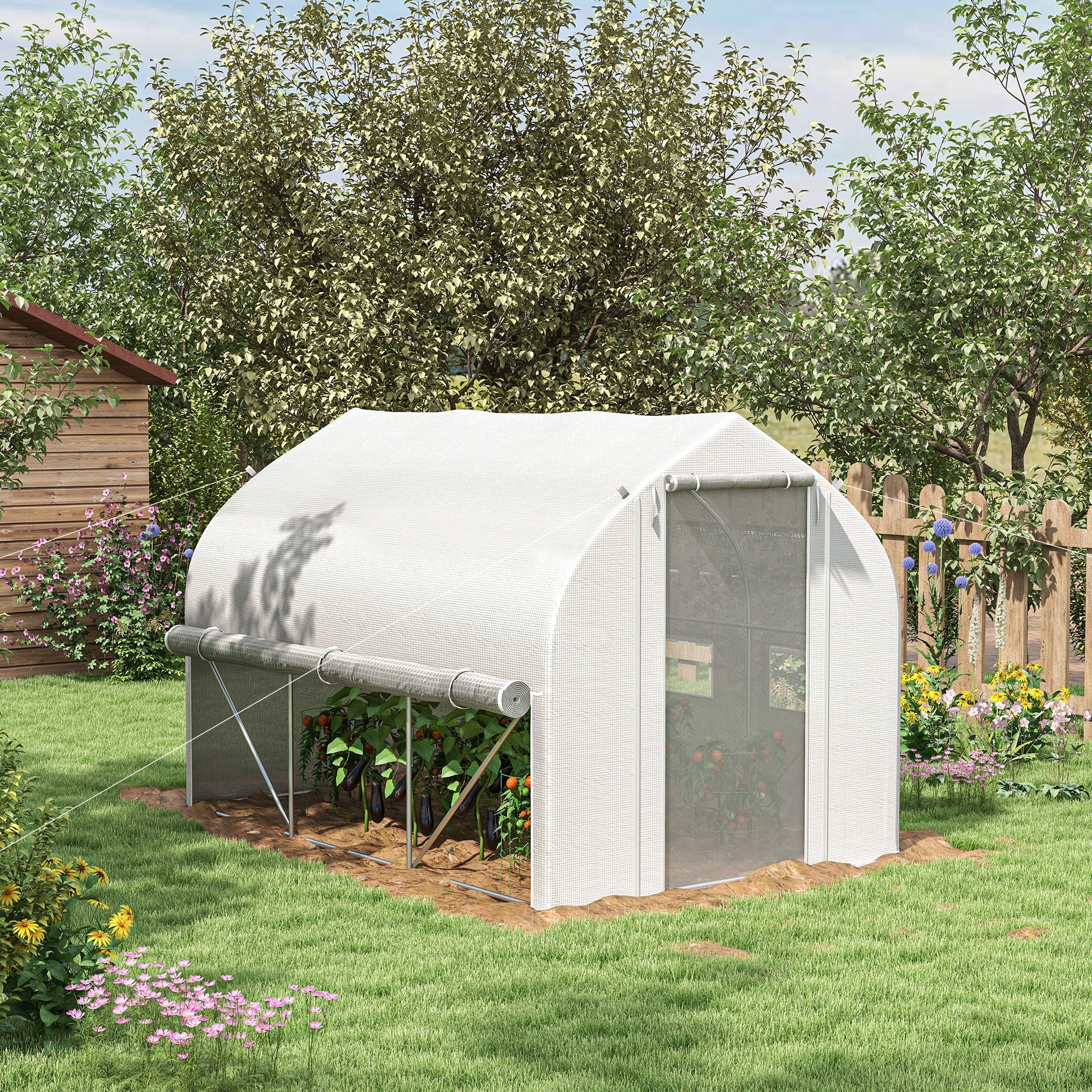 Outsunny 3 x 2(m) Walk-in Polytunnel Greenhouse, Zipped Roll Up Sidewalls, Mesh Door, 6 Mesh Windows, Tunnel Warm House Tent with PE Cover, Complimentary Plant Labels and Gloves, White - anydaydirect
