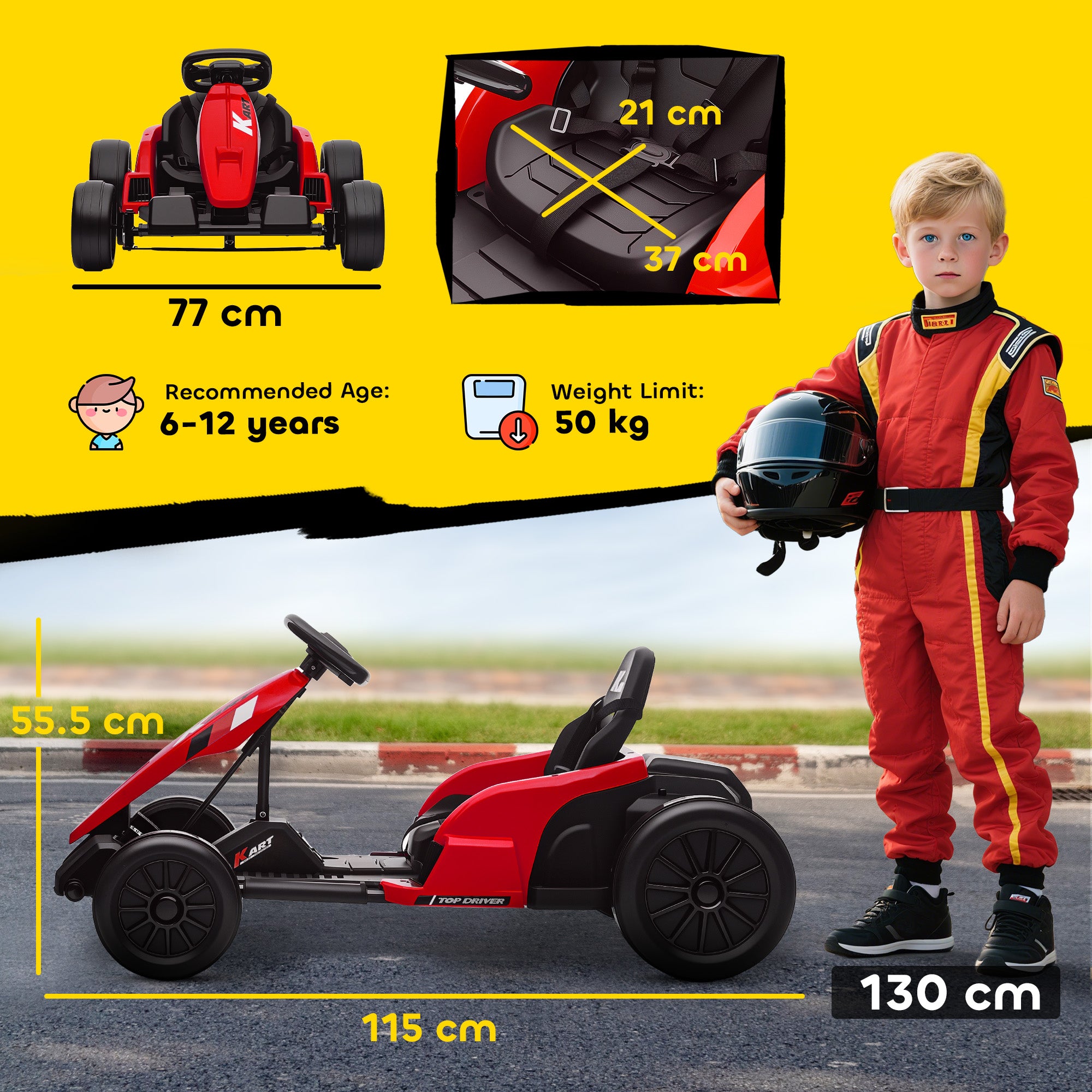 AIYAPLAY 24V Electric Go Kart, Drift Kart with Adjustable Seat, Slow Start, 5-Point Harness, Music, Horn, for 6-12 Years, Red - anydaydirect