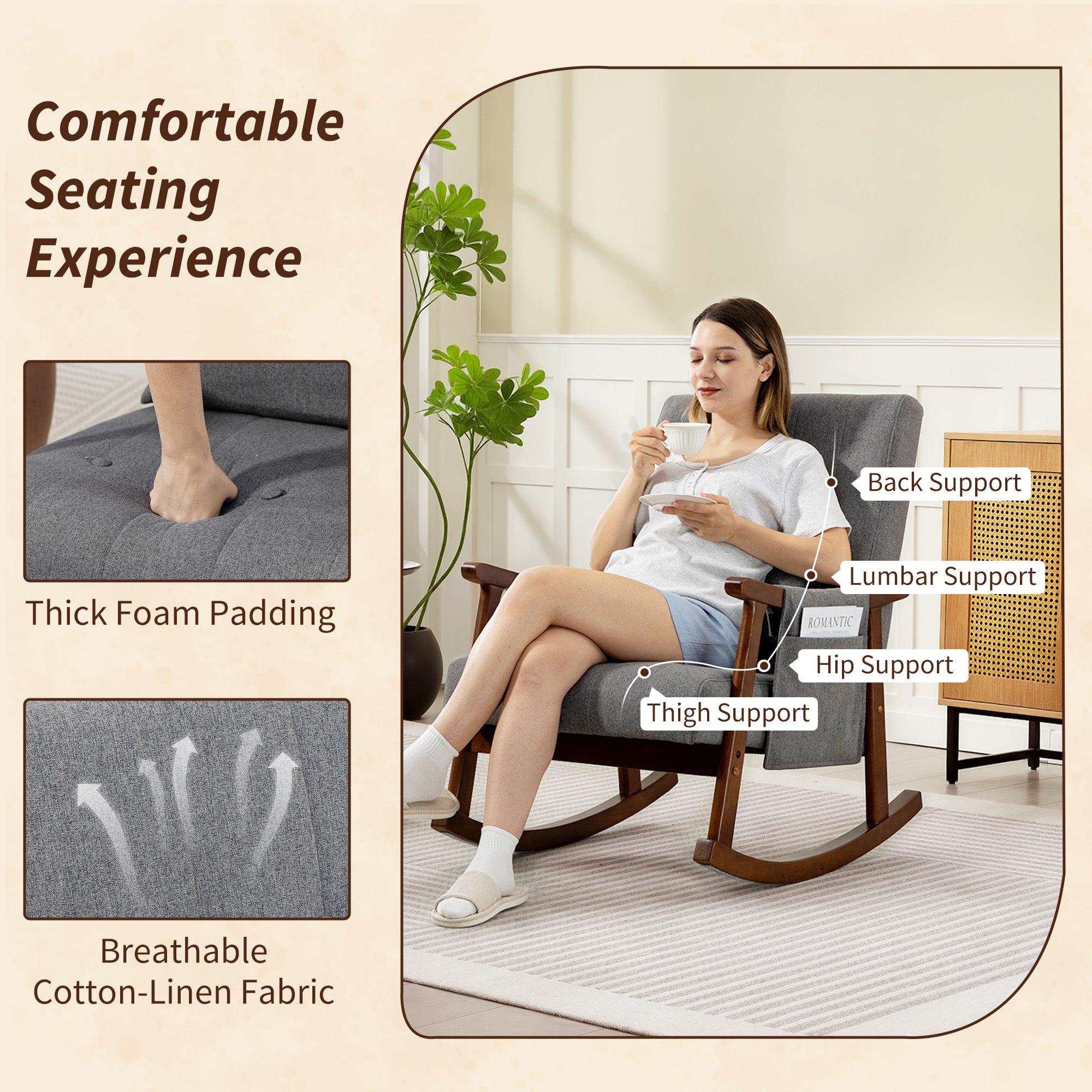 HOMCOM Wood Frame Rocking Accent Chair - Grey - anydaydirect