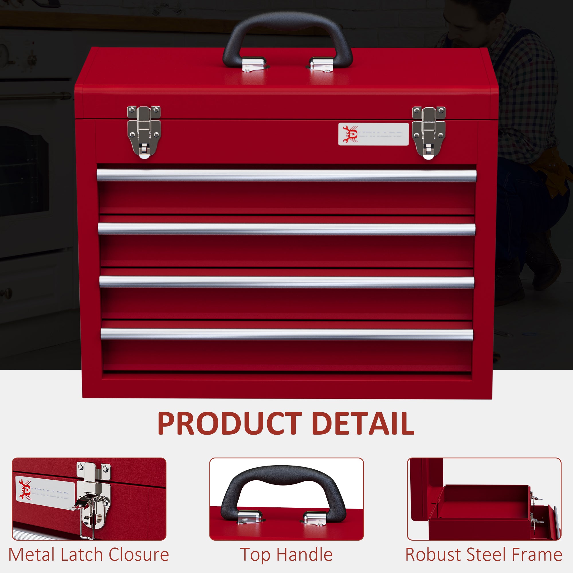 DURHAND Lockable Metal Tool Box, 4 Drawer Tool Chest with Latches, Handle, Ball Bearing Runners, Red - anydaydirect