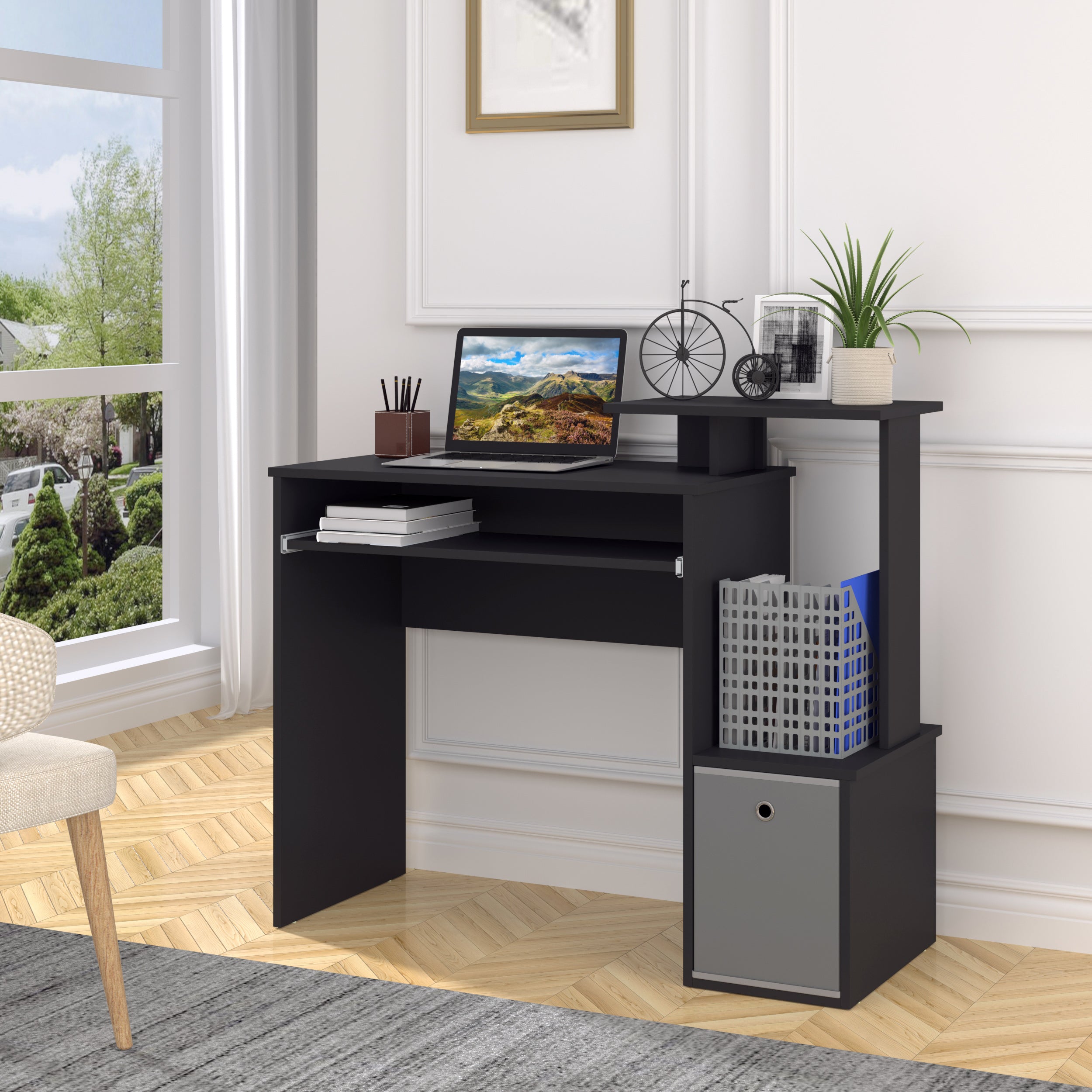 HOMCOM Computer Desk with Sliding Keyboard Tray Storage Drawer Shelf Home Office Workstation Black - anydaydirect