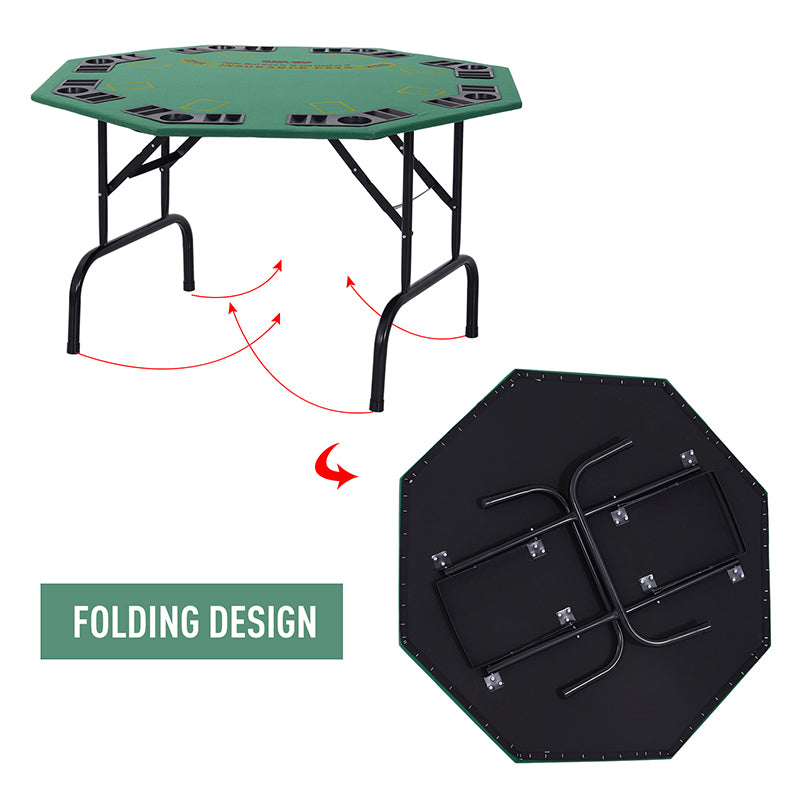 HOMCOM 8 Player Folding Games Poker Table with Chip Cup Holder Steel Base Felt Top Octagon Blackjack Green - anydaydirect