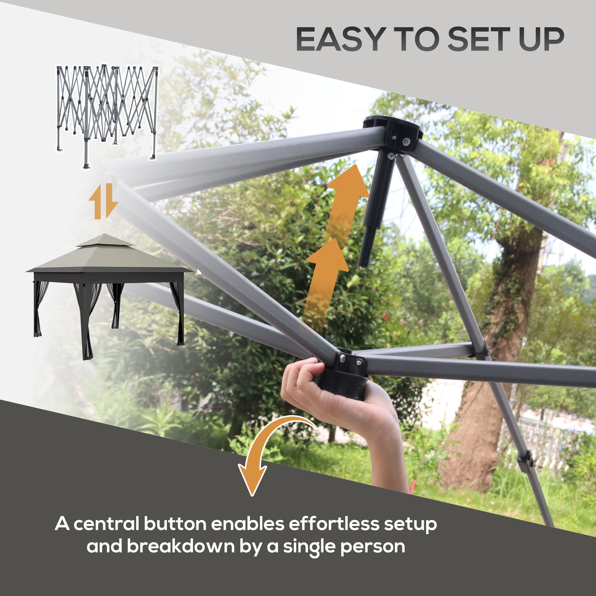 Outsunny 3 x 3(m) Pop Up Gazebo with Mosquito Netting, 1 Person Easy up Marquee Party Tent with 1-Button Push, Double Roof, Carry Bag, Sandbags, Height Adjustable Instant Shelter, Grey - anydaydirect