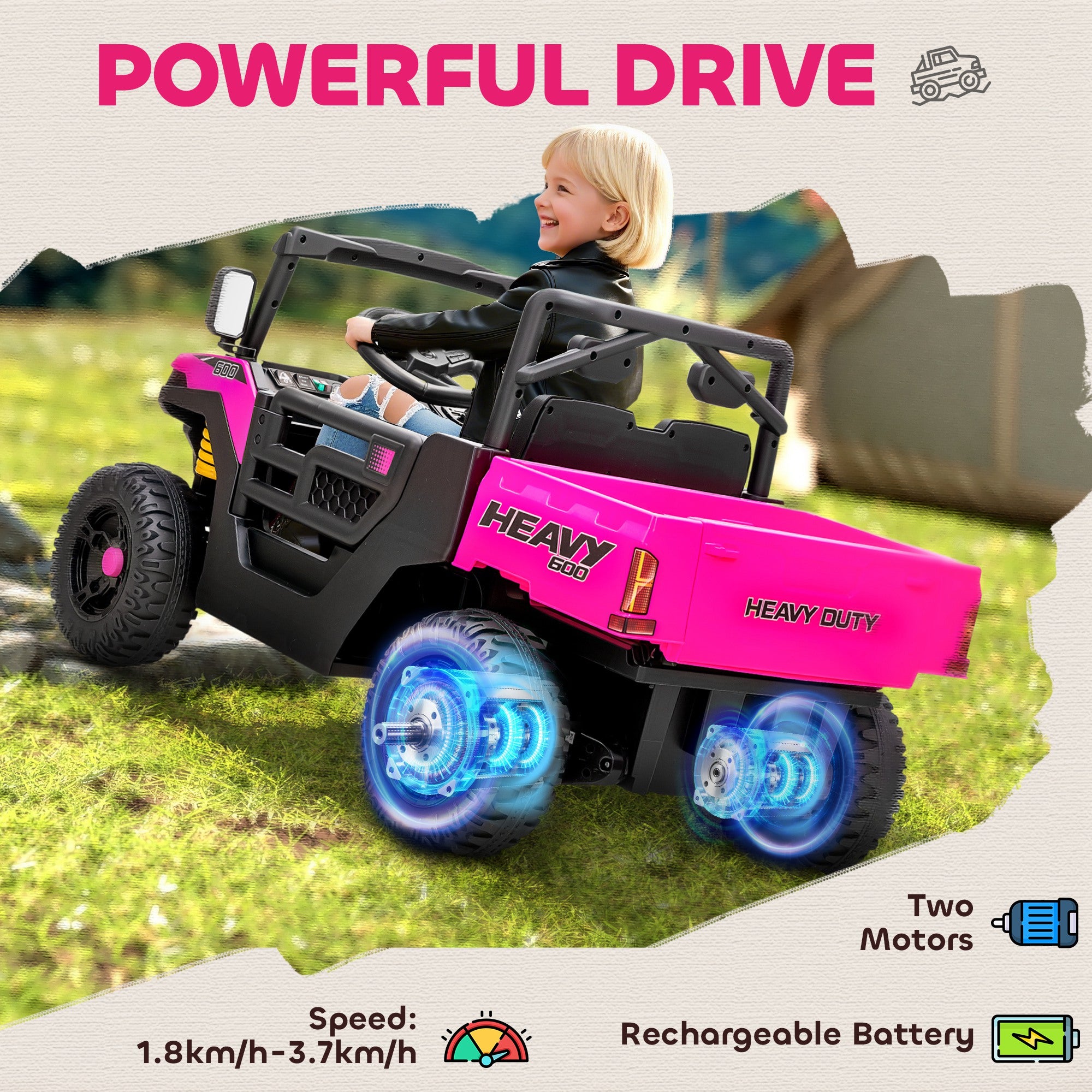 AIYAPLAY Kids Ride on Car, 12V Electric Kids UTV with Electric Dump Bed, 4-Wheel Suspension for 3-8 Years, Pink - anydaydirect