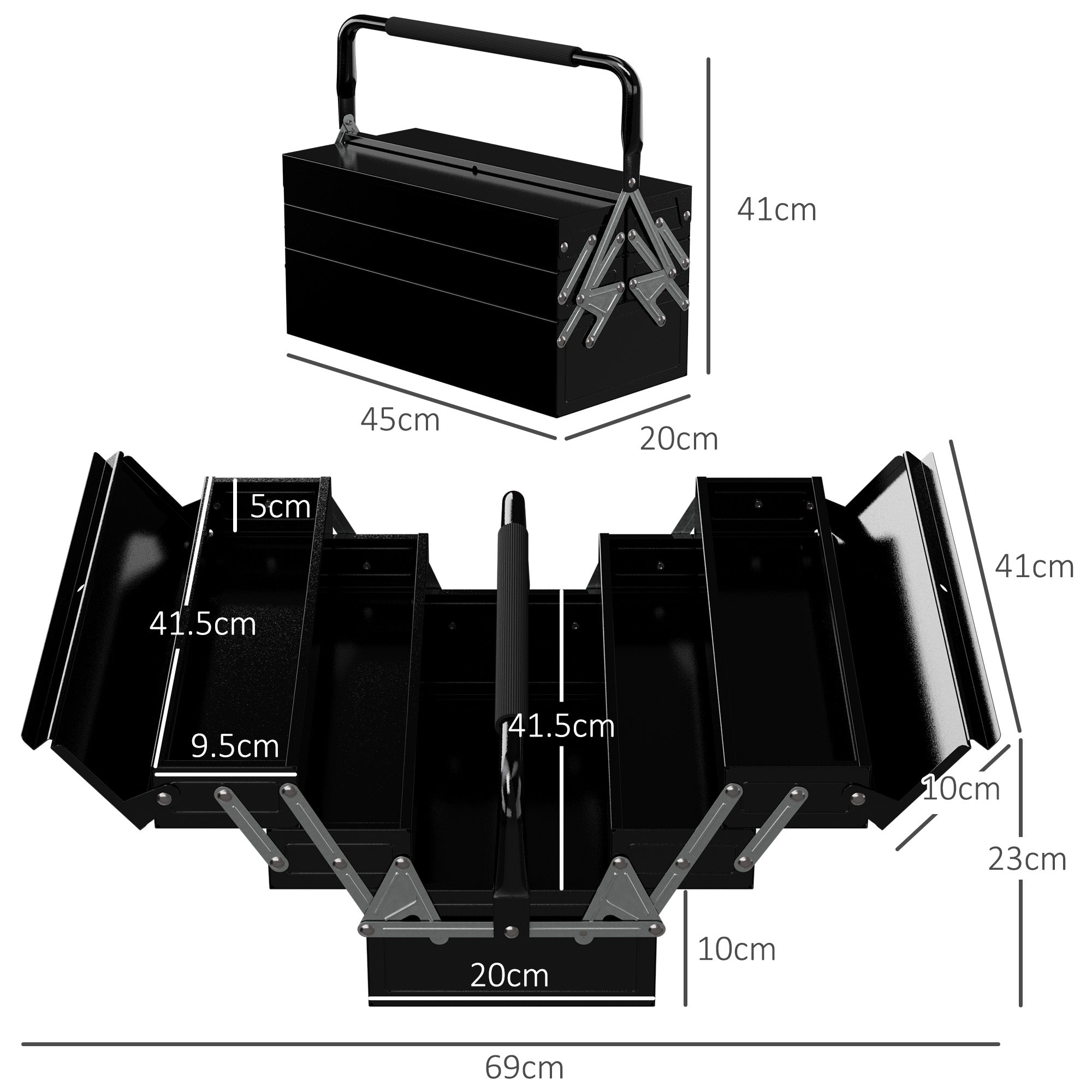 DURHAND 3 Tier Metal Toolbox, 5 Tray Professional Portable Tool Box with Carry Handle for Workshop, 45cmx20cmx34.5cm, Black - anydaydirect