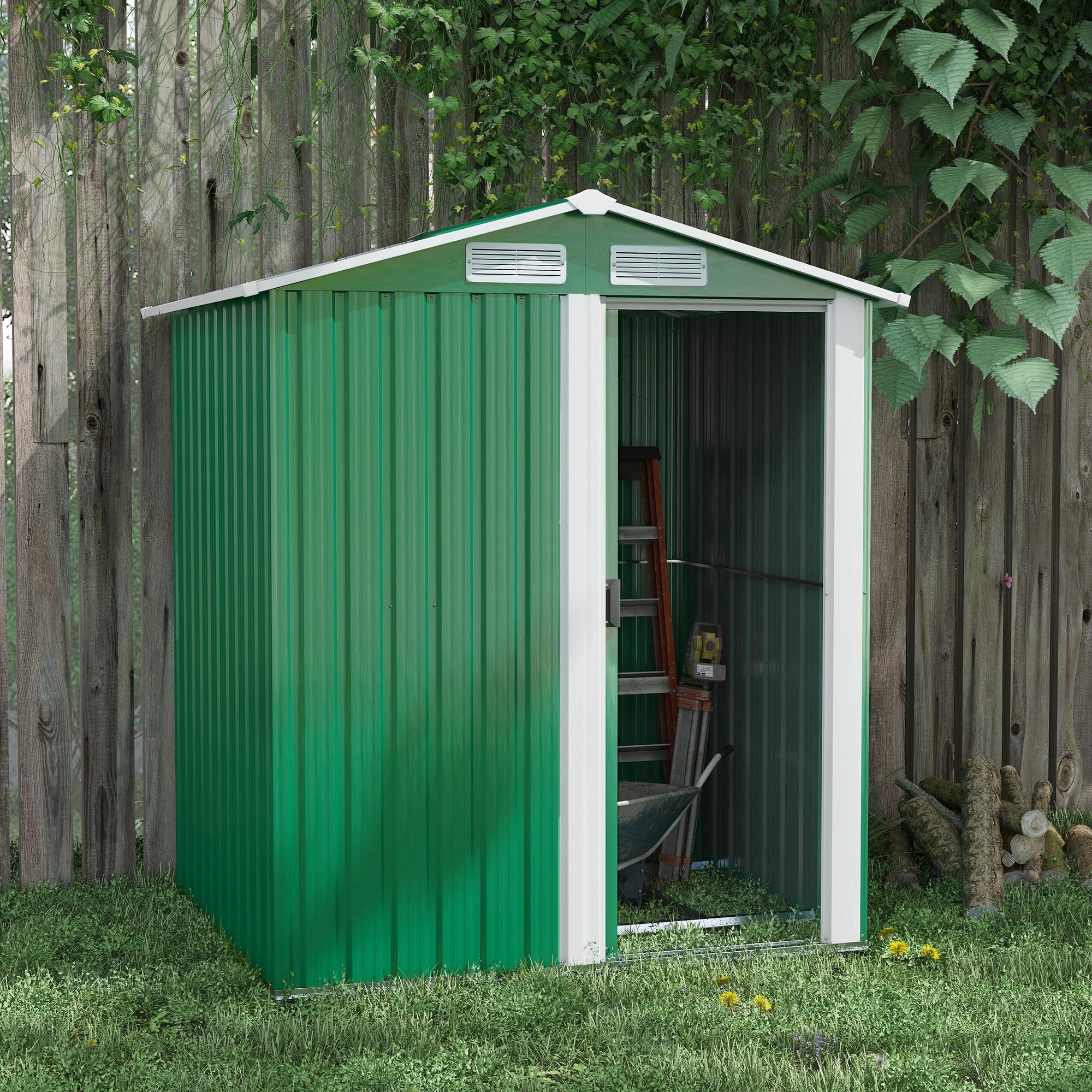 Outsunny Garden Metal Tool Storage Shed with Sliding Door, Sloped Roof and Floor Foundation, 152 x 132 x 188cm, Green - anydaydirect