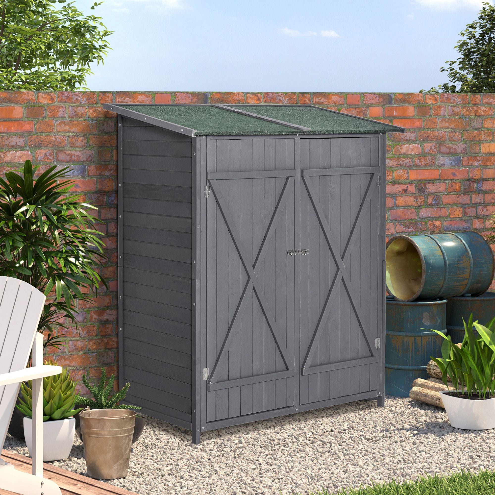 Outsunny Wooden Garden Storage Shed Lockable Tool Cabinet Organizer w/ Storage Table, Double Door, 139 x 75 x 160 cm, Grey - anydaydirect
